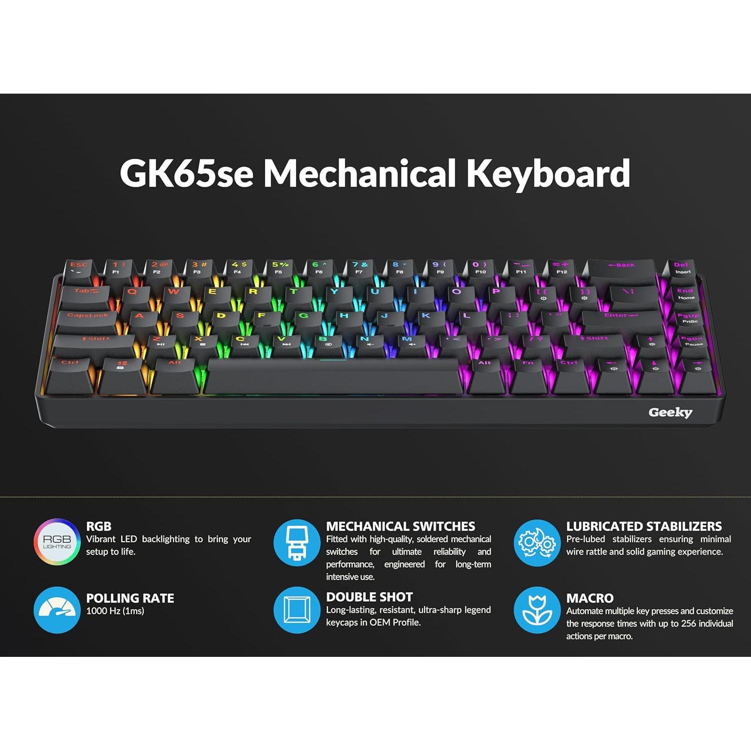 Teclado Mecánico Geeky GK65 SE 65% RGB 68 Teclas Negro