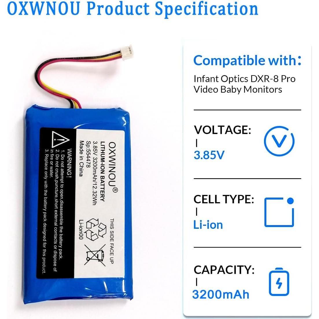 Batería de Reemplazo OWXINOU para Monitor Bebé DXR-8 Pro 3200mAh