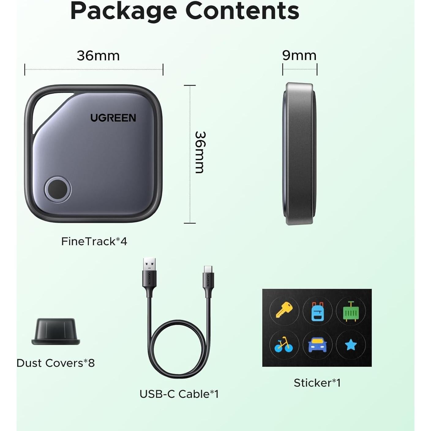 Etiqueta de Rastreo Bluetooth UGREEN FineTrack G - Carga USB-C, 1 Año Batería, Paquete de 4