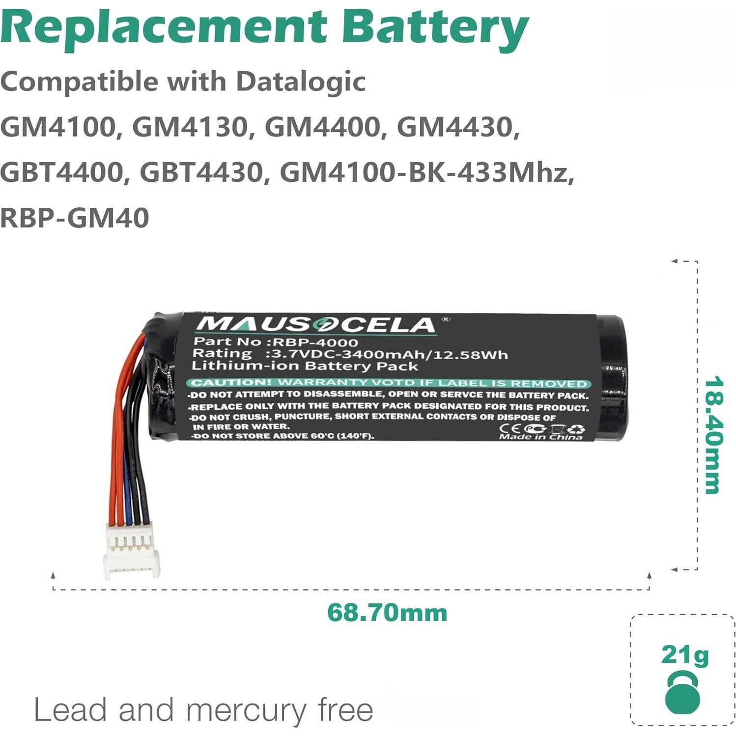 Batería de Reemplazo RBP-4000 3400mAh para Escáner de Códigos de Barras