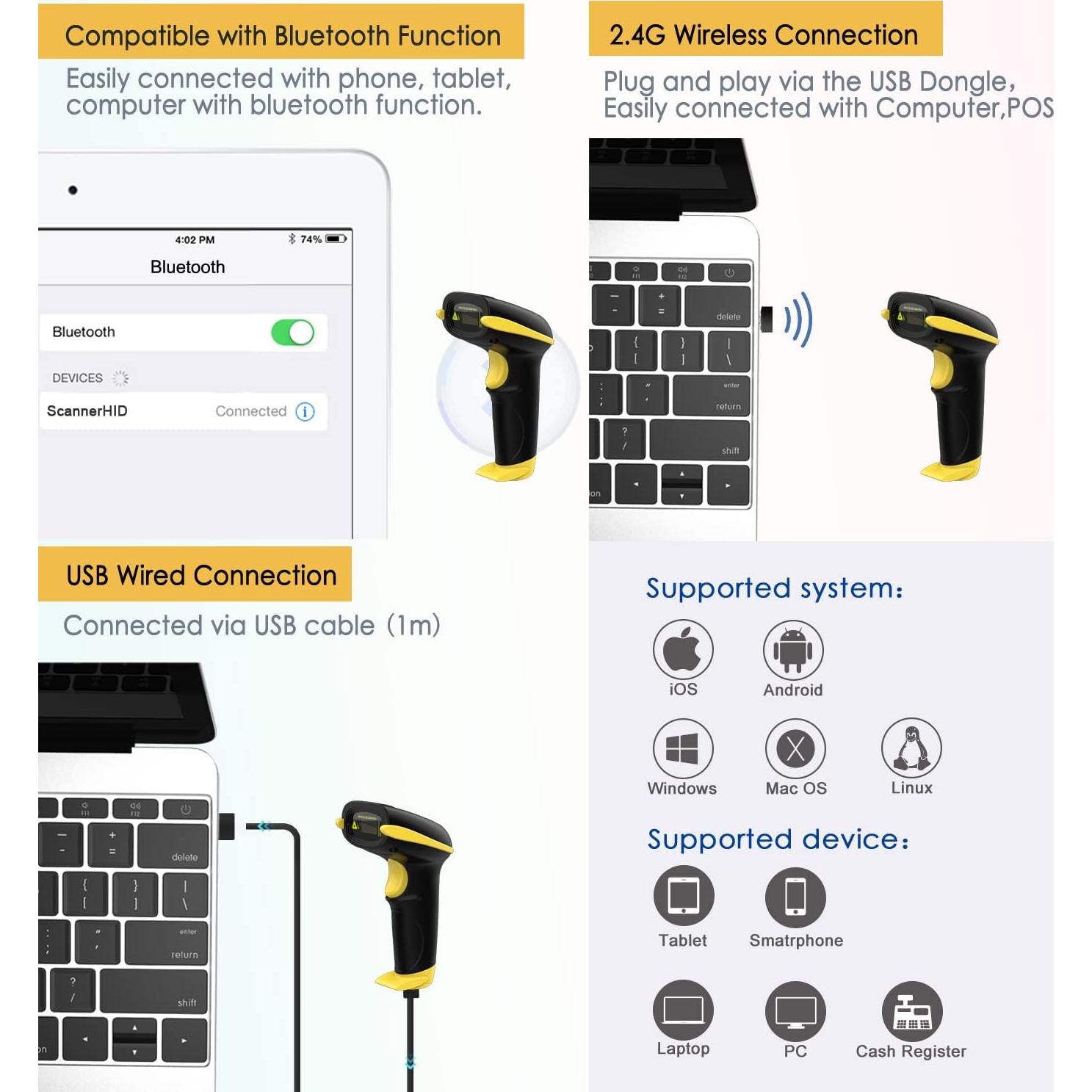 Escáner de Código de Barras Inalámbrico NADAMOO 1D USB