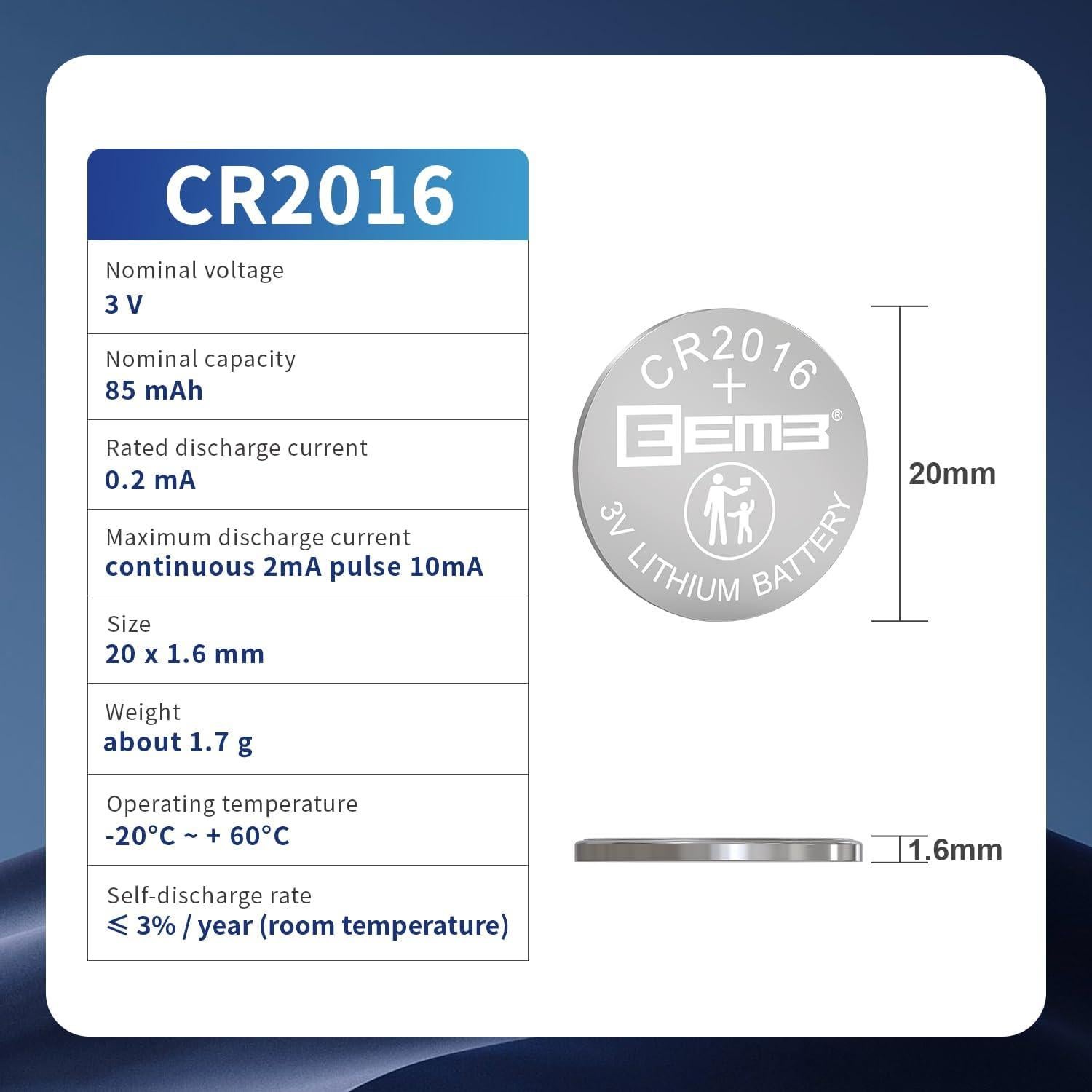 Paquete de 5 Baterías de Litio CR2016 EEMB 3V 85mAh