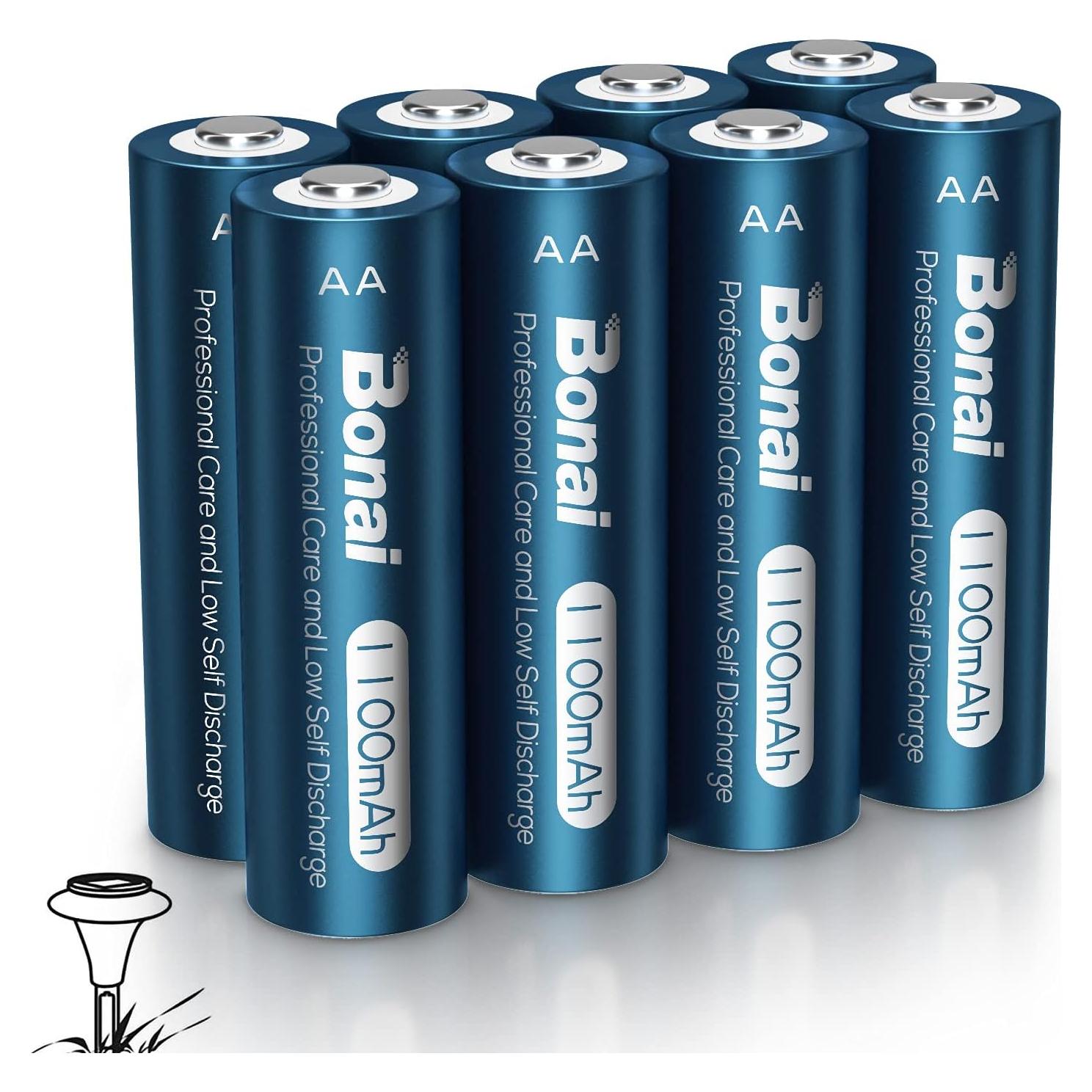 Baterías recargables AA Bonai 1100mAh para luces solares - 8 unidades
