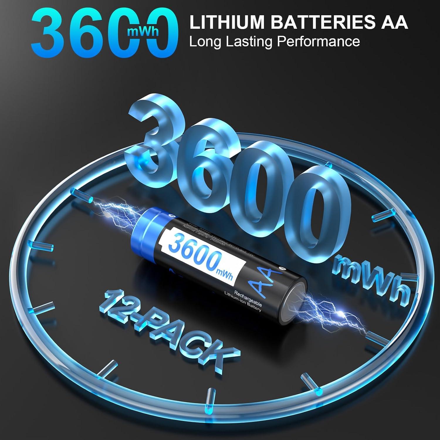 Baterías Recargables AA Litio Artman 12 Pzas 3600mWh 1.5V