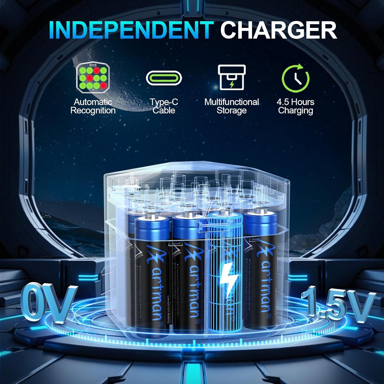 Baterías Recargables AA Litio Artman 12 Pzas 3600mWh 1.5V