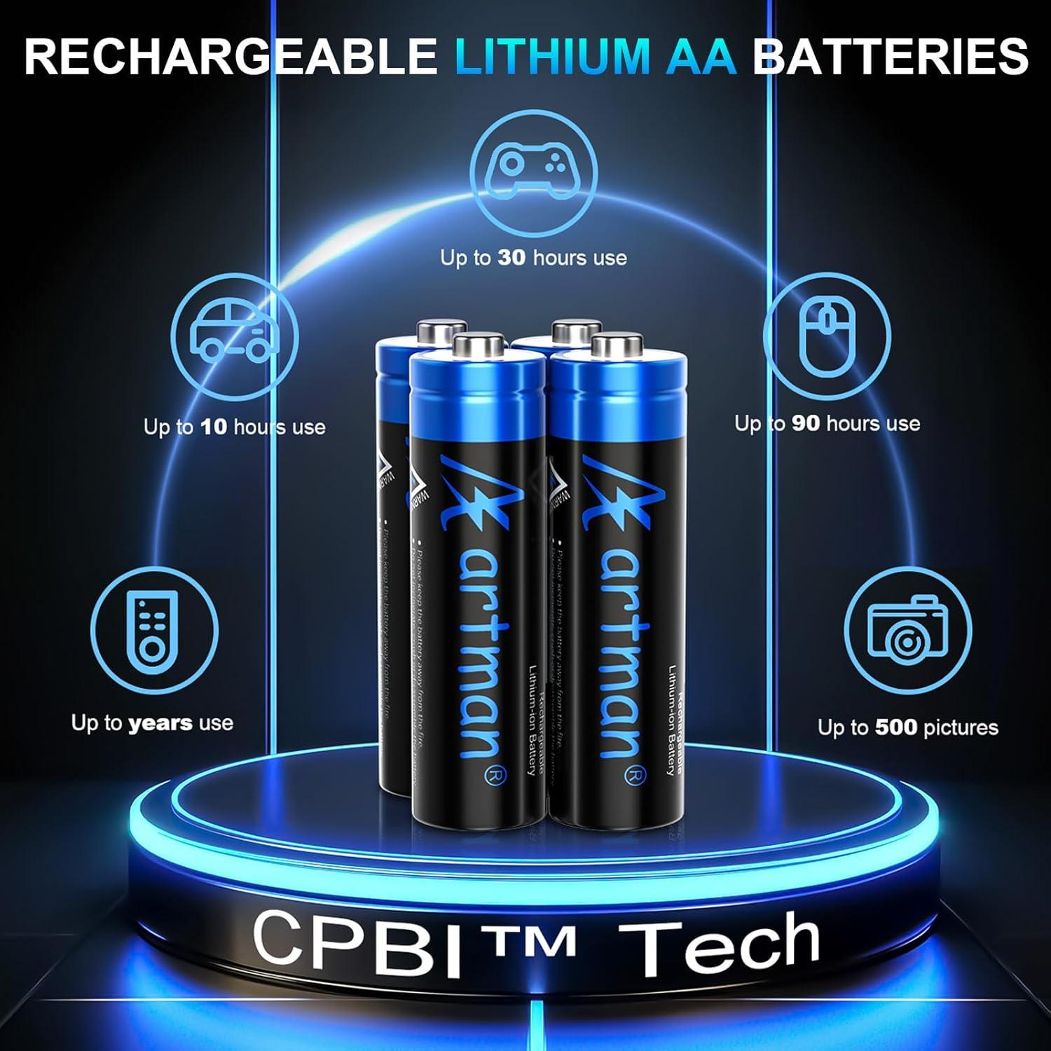 Baterías Recargables AA Litio Artman 12 Pzas 3600mWh 1.5V