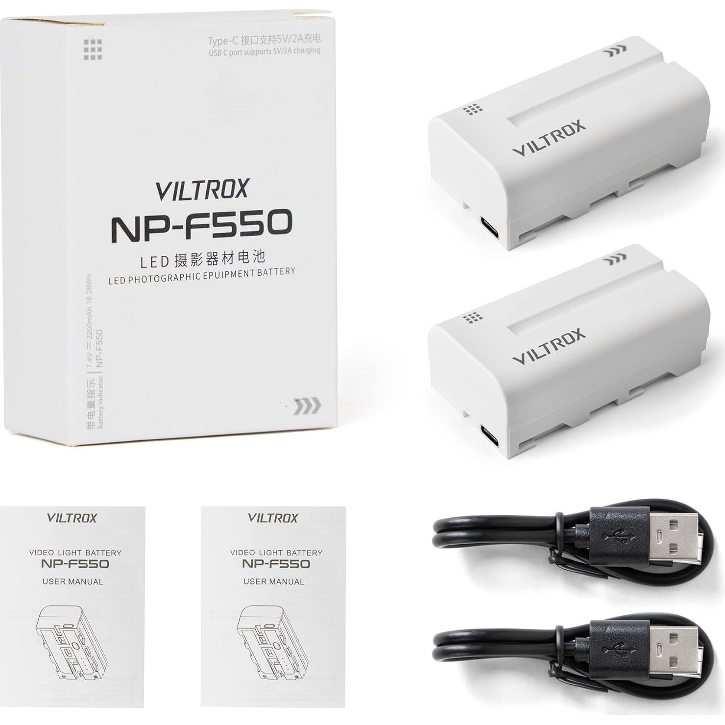 Baterías VILTROX NP-F550 2200mAh 2 Paquete Carga USB Tipo-C