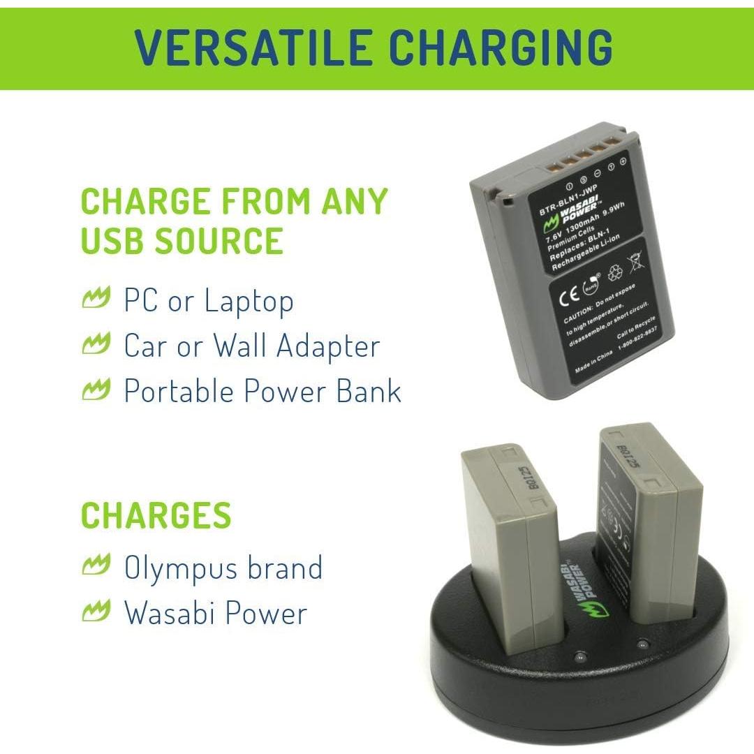Baterías Wasabi Power 2x BLN-1 y Cargador USB Dual para Olympus