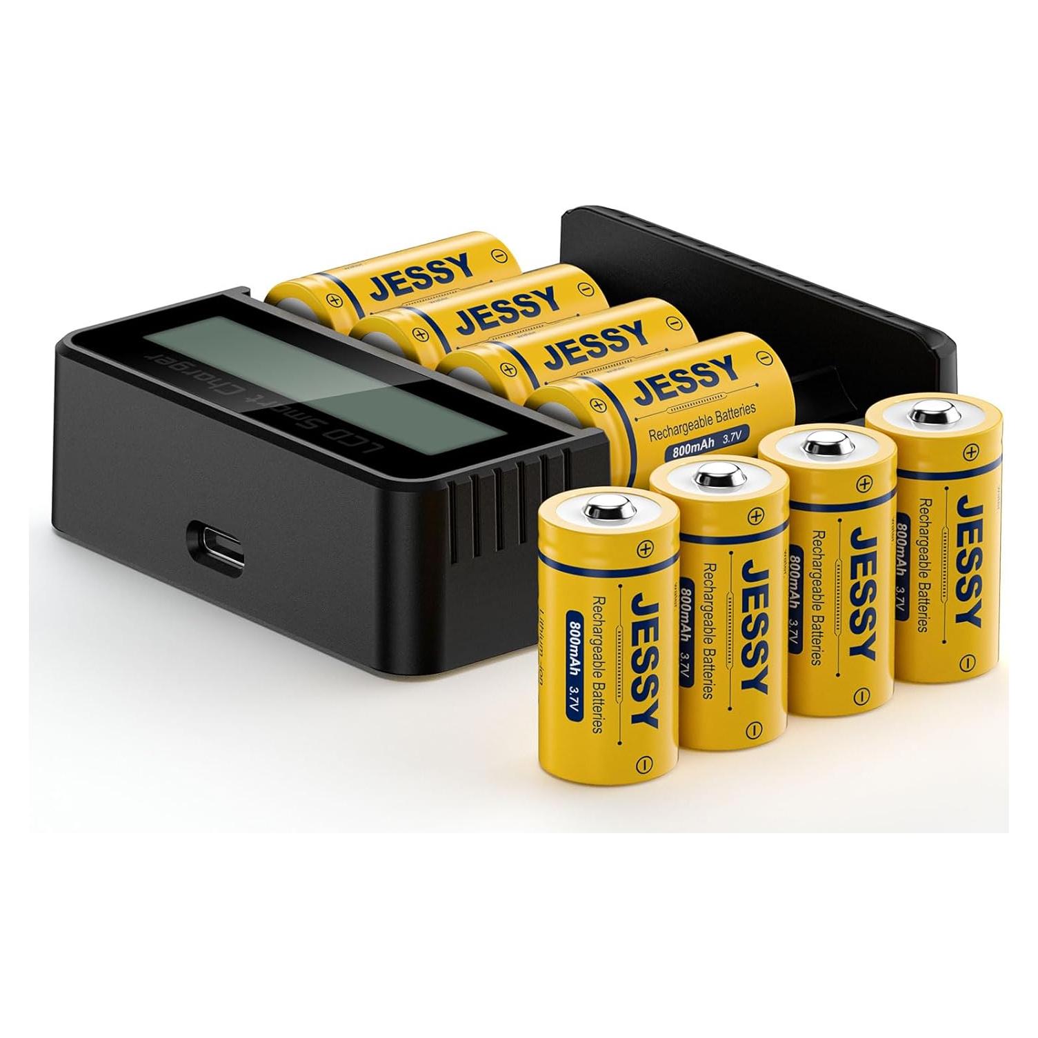 Paquete de 8 Baterías Recargables JESSY CR123A 3.7V con Cargador