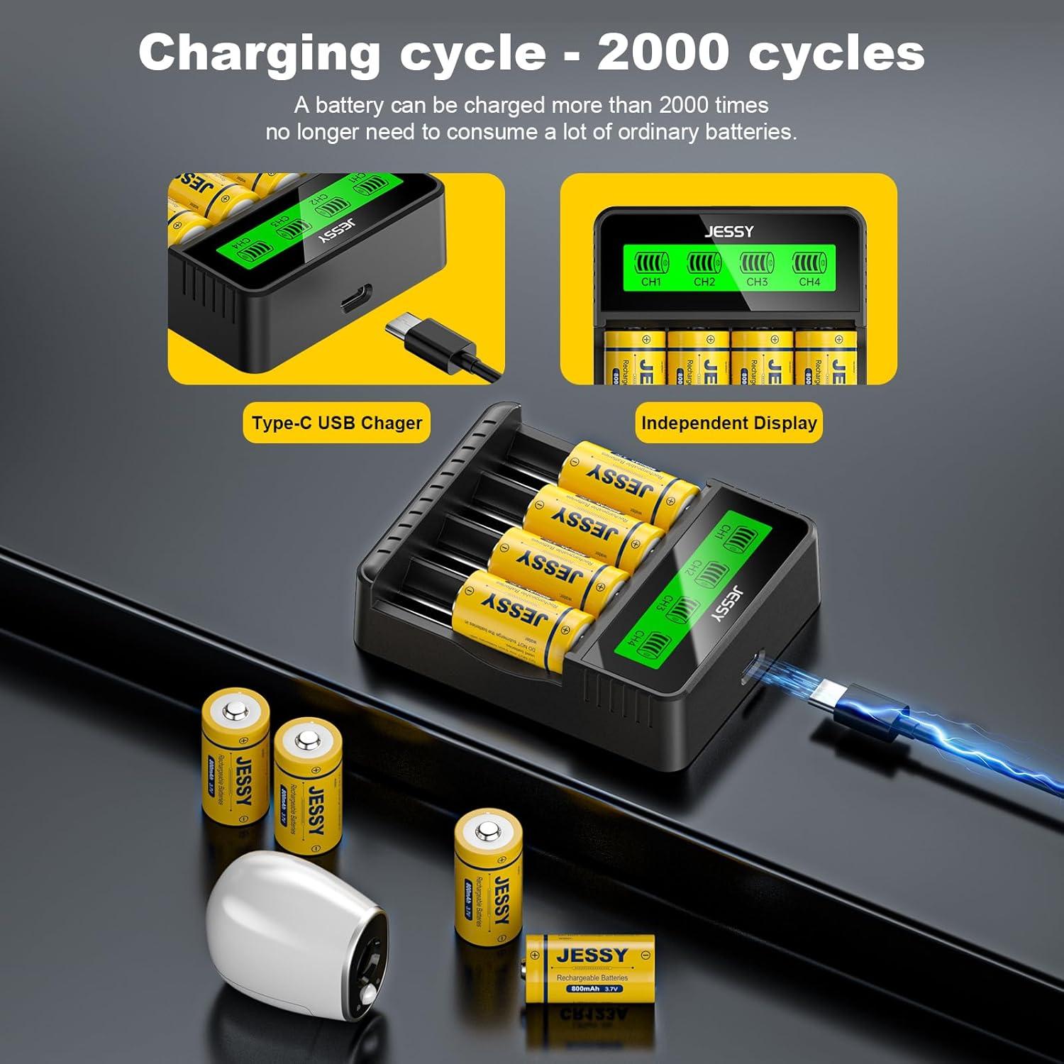 Paquete de 8 Baterías Recargables JESSY CR123A 3.7V con Cargador