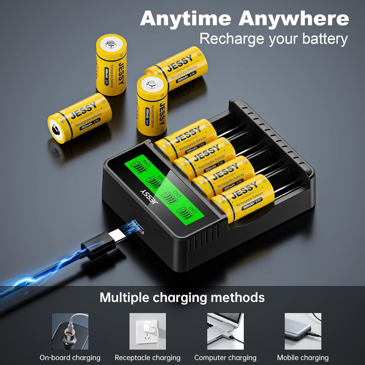 Paquete de 8 Baterías Recargables JESSY CR123A 3.7V con Cargador