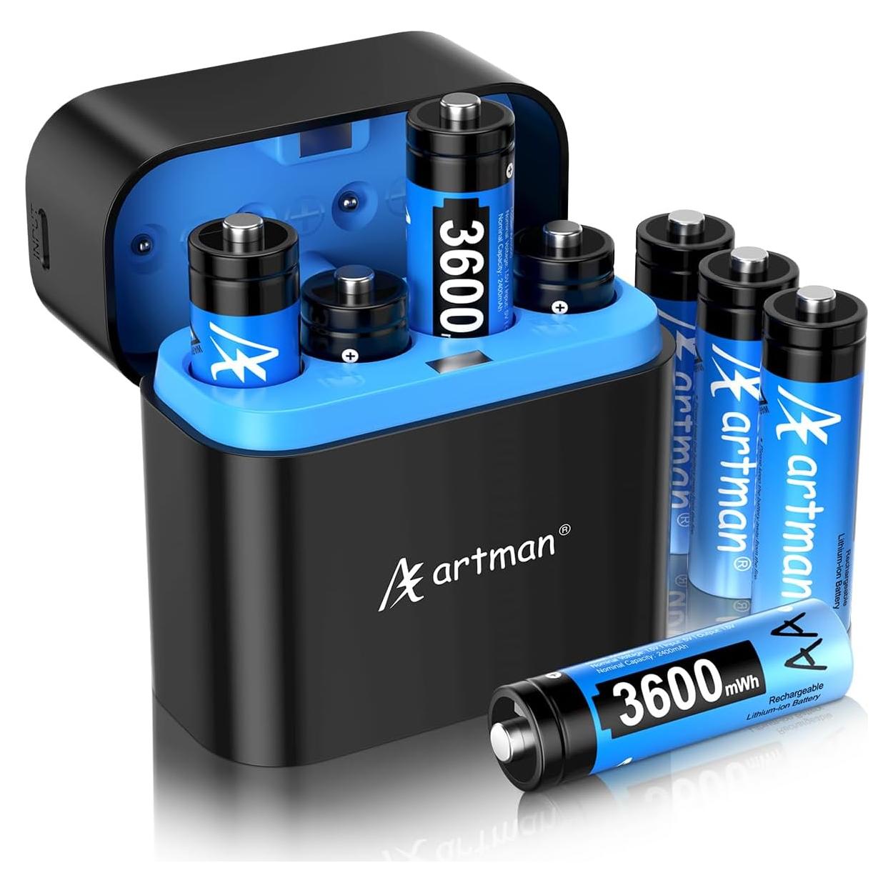 Baterías Recargables AA Litio Artman 3600mWh Paquete 8 con Cargador