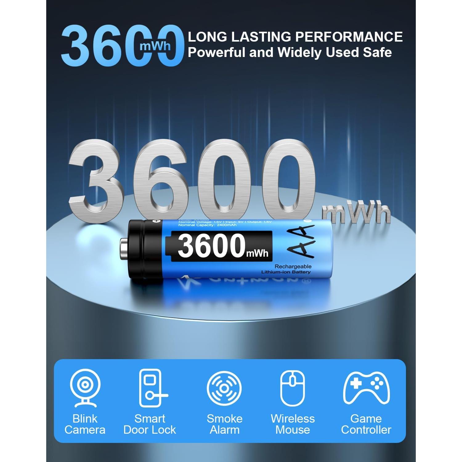 Baterías Recargables AA Litio Artman 3600mWh Paquete 8 con Cargador