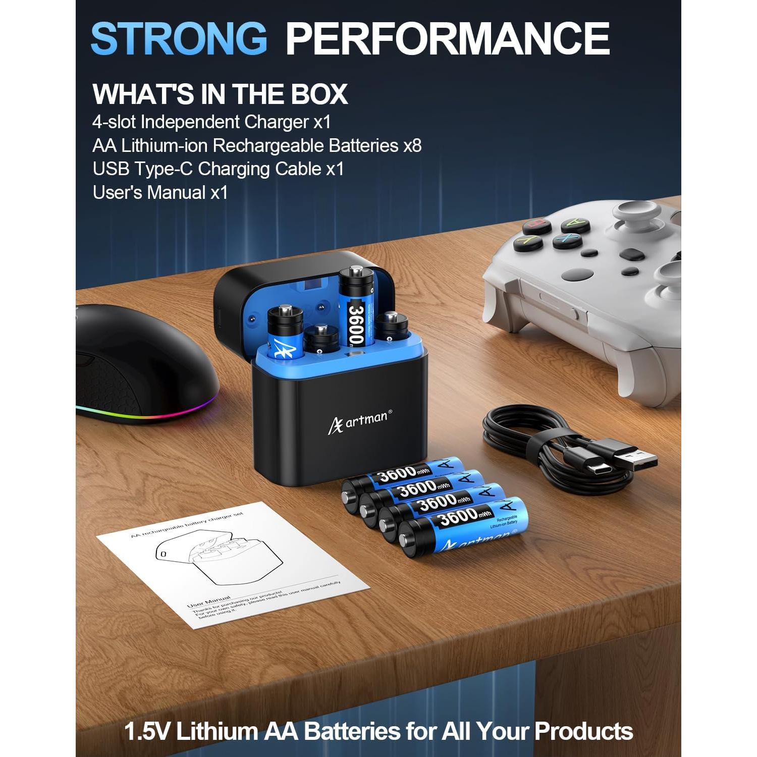 Baterías Recargables AA Litio Artman 3600mWh Paquete 8 con Cargador