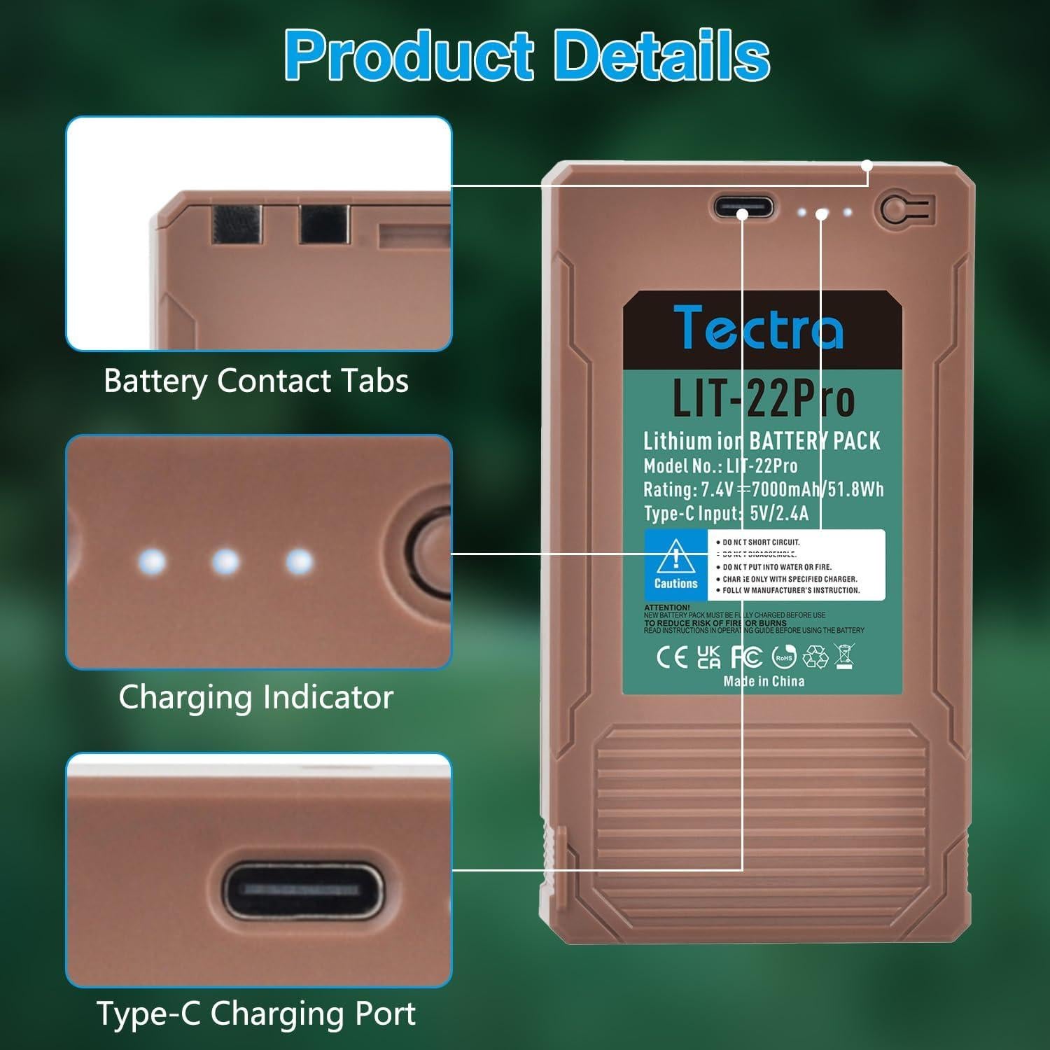 Batería de Litio Recargable Tectra LIT-22 7000mAh Paquete de 2