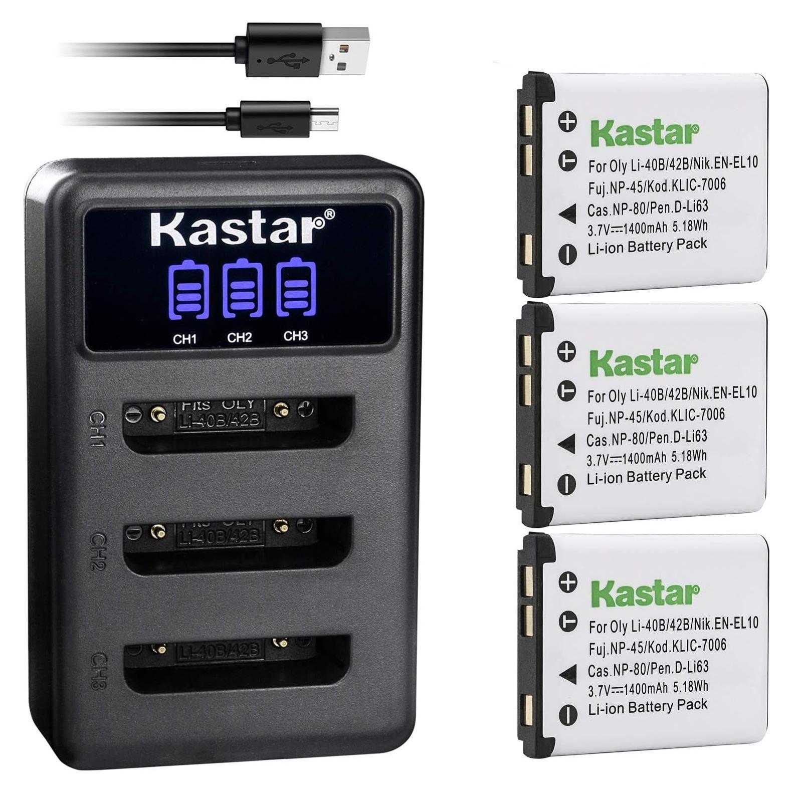 Kastar Batería 3-Pack + Cargador LCD para Olympus, Fujifilm, Nikon