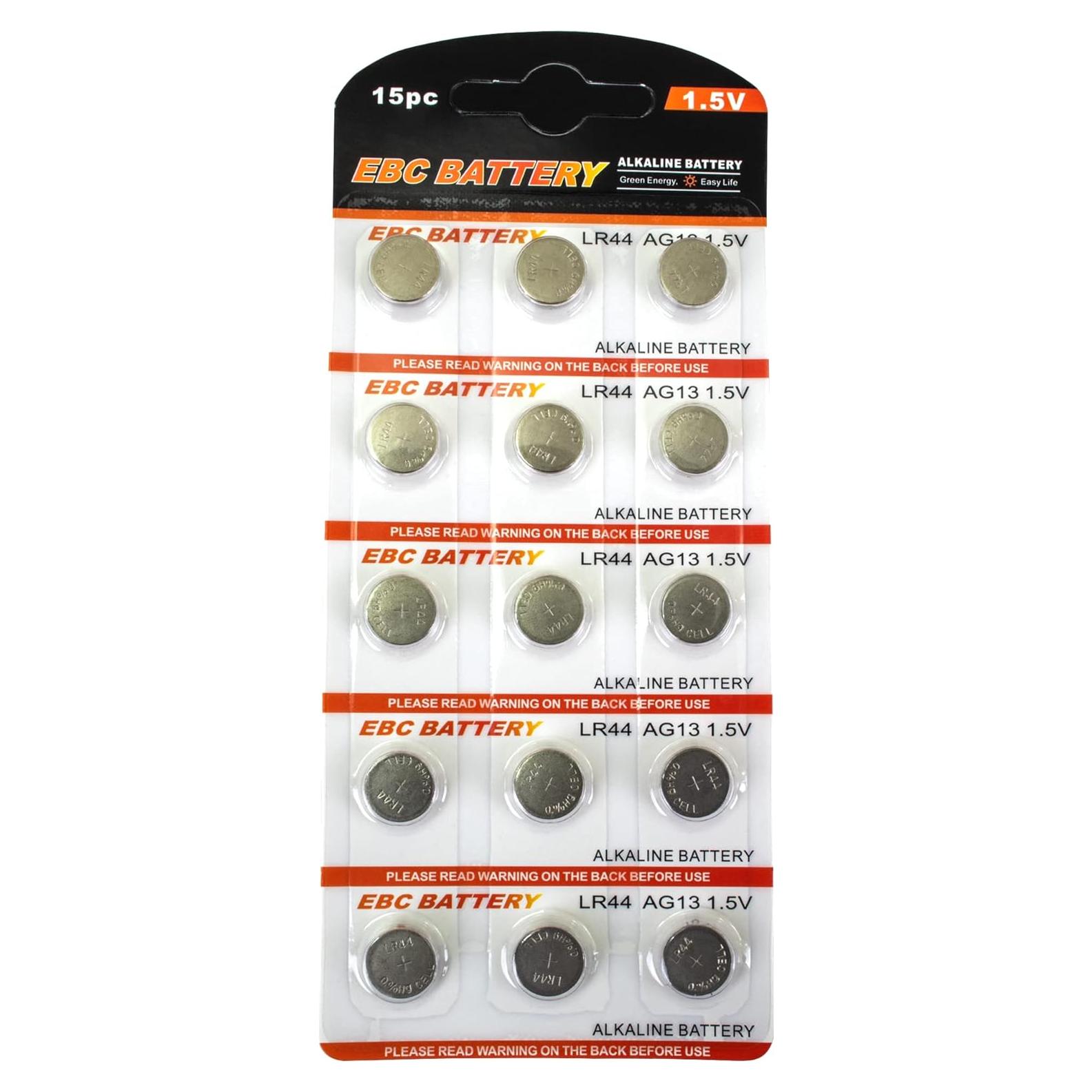 Paquete de 15 Baterías Alcalinas LR44 EBC para Relojes y Juguetes