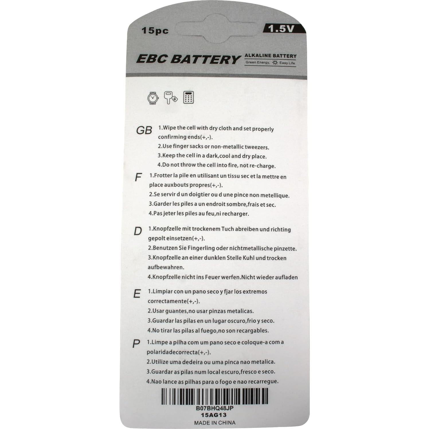 Paquete de 15 Baterías Alcalinas LR44 EBC para Relojes y Juguetes