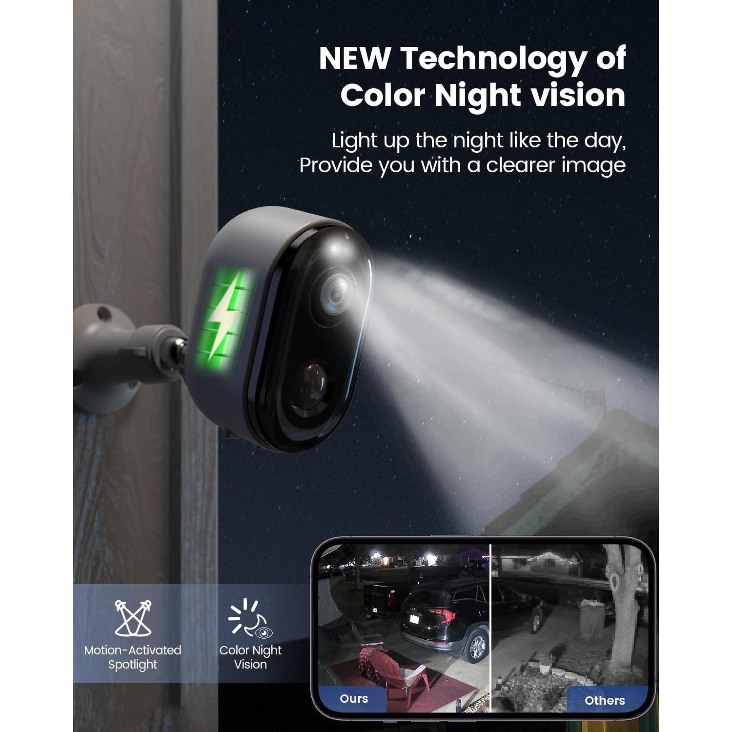 Security Cameras Wireless Outdoor, Battery Powered 2K Color Night Vision, WiFi Cameras for Home Security, AI Motion Detection,Spotlight Siren Alarm,IP66 Waterproof,2-Way Talk,SD/Cloud Storage