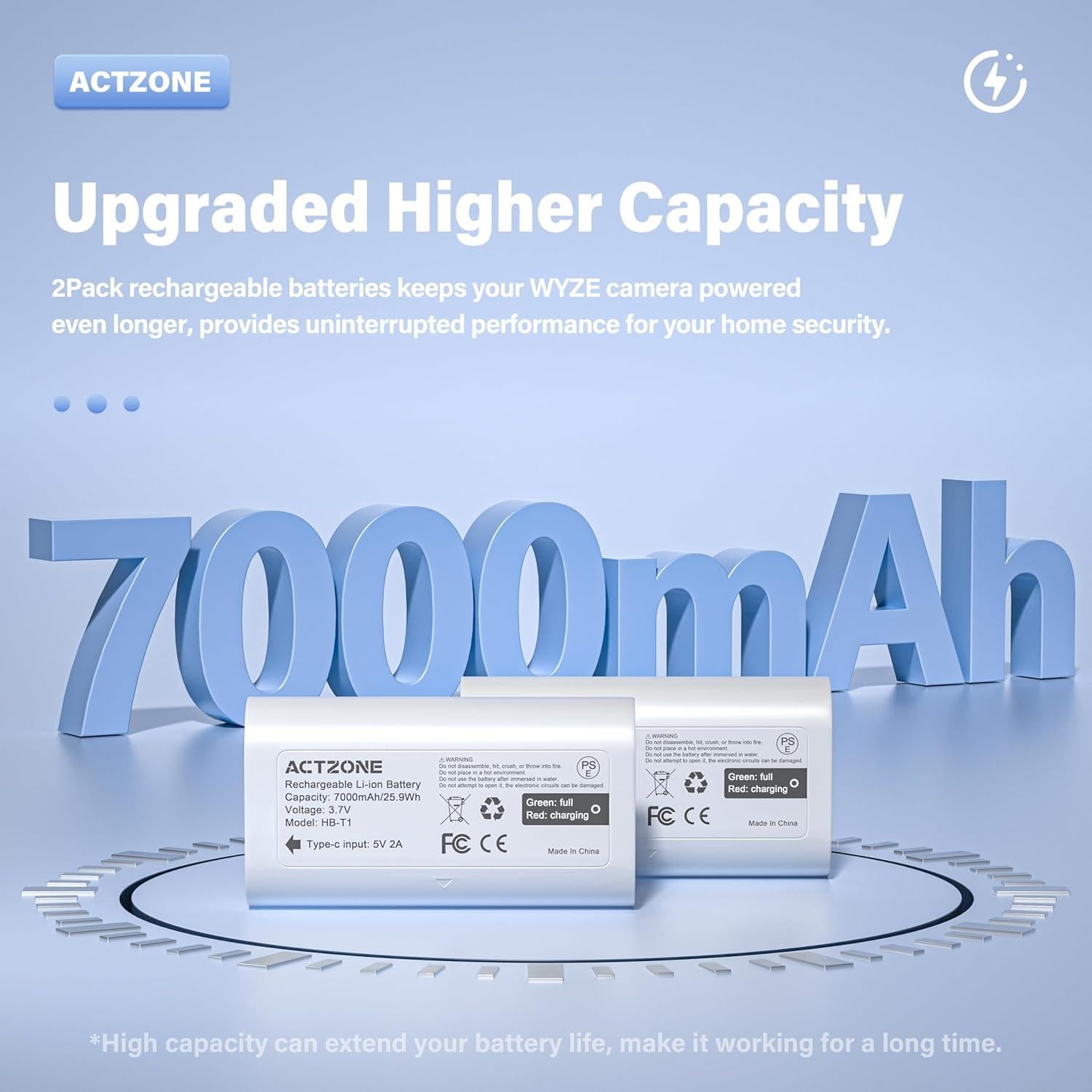 Paquete de 2 Baterías Recargables ActZone 7000mAh para Cámara WYZE