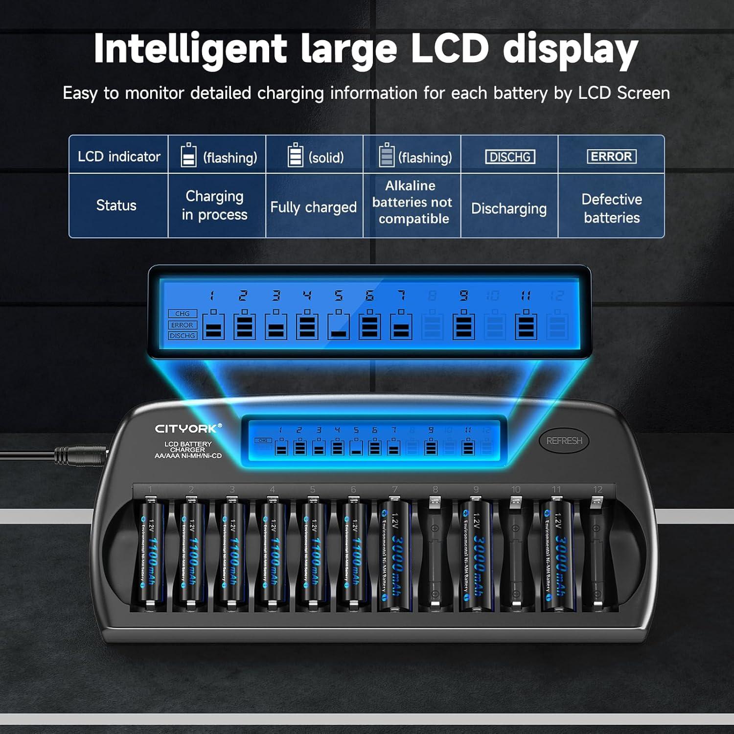 Cargador de Baterías Recargables AA AAA CITYORK LCD 12 Bahías