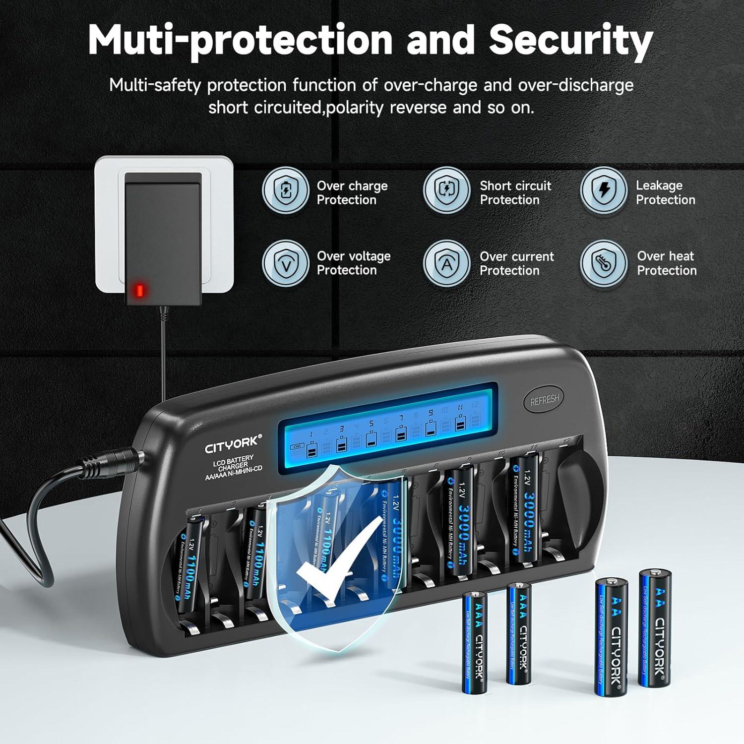 Cargador de Baterías Recargables AA AAA CITYORK LCD 12 Bahías