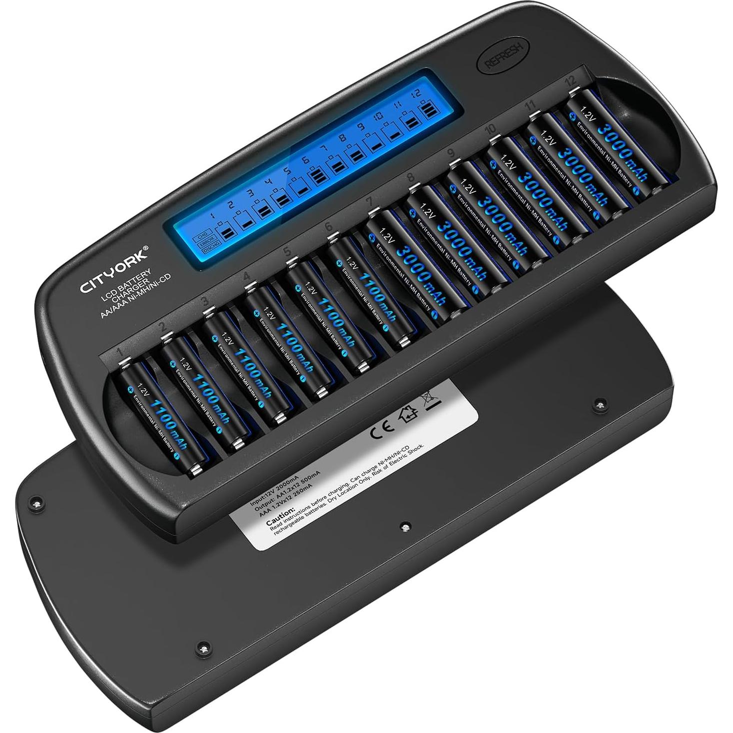 Cargador de Baterías Recargables AA AAA CITYORK LCD 12 Bahías