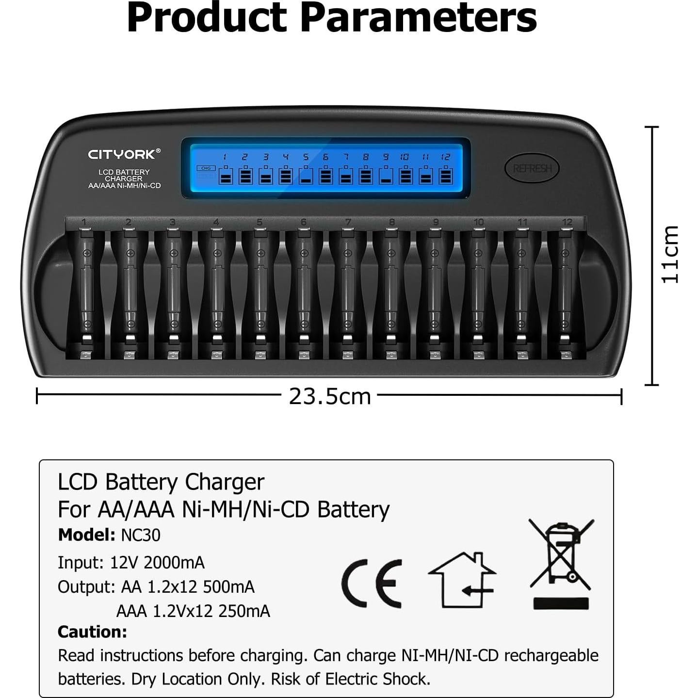 Cargador de Baterías Recargables AA AAA CITYORK LCD 12 Bahías