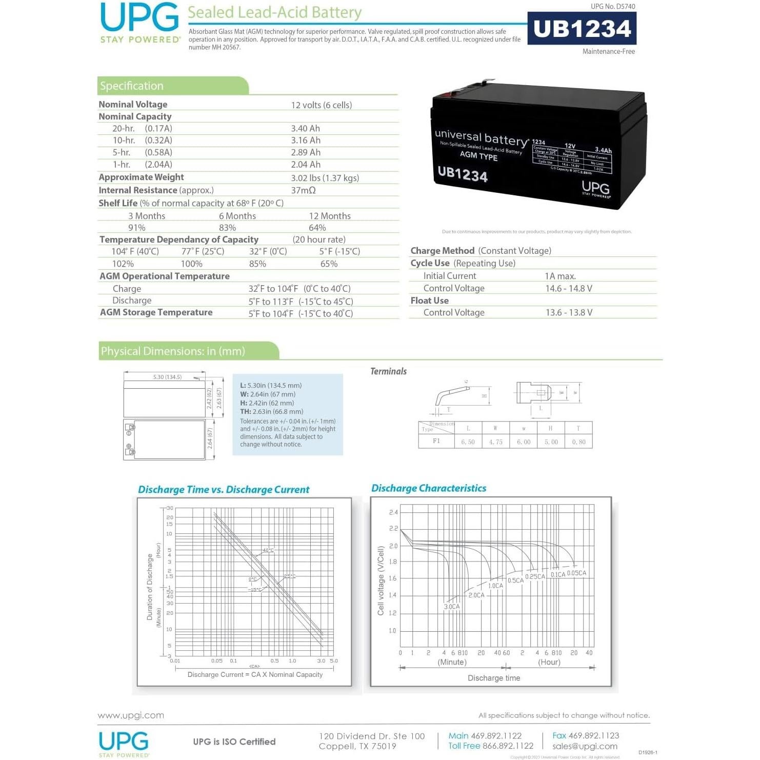 Batería Universal UPG UB1234 12V 3.4Ah para Cámara