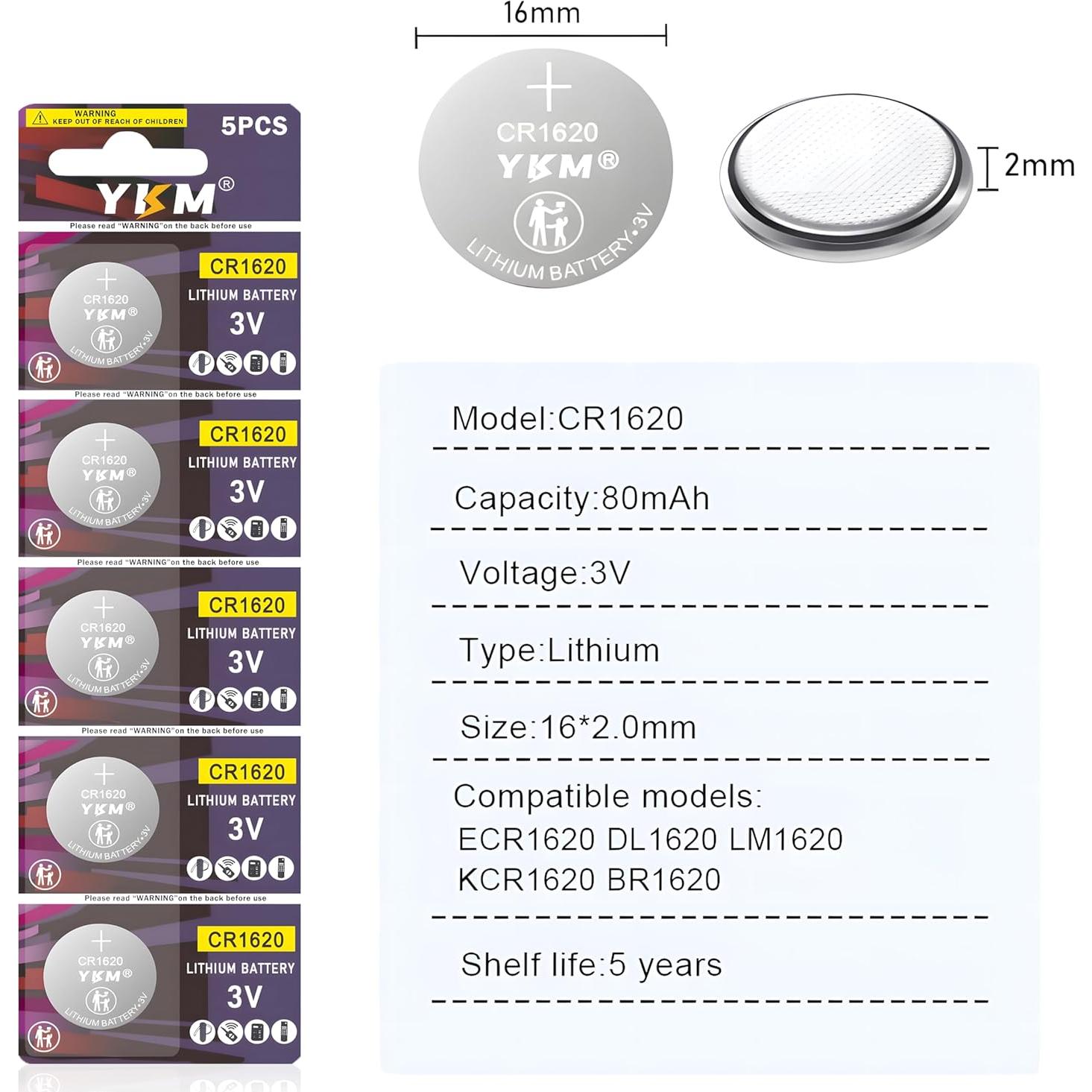 Baterías de Litio YKM CR1620 3V - Paquete de 40 Unidades
