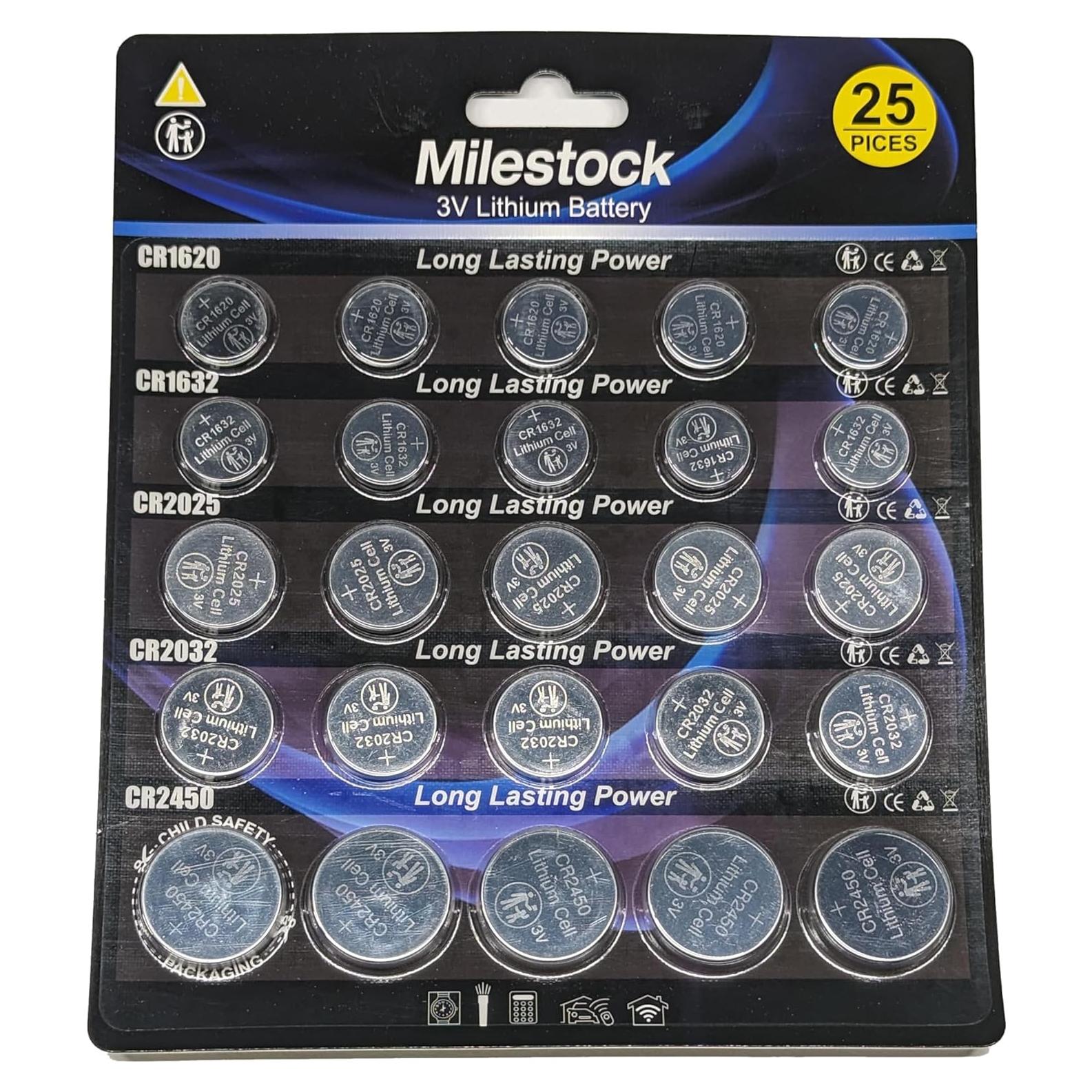 25 Pzs Baterías de Botón Litio 3V CR1620 CR1632 CR2025 CR2032 CR2450 Milestock