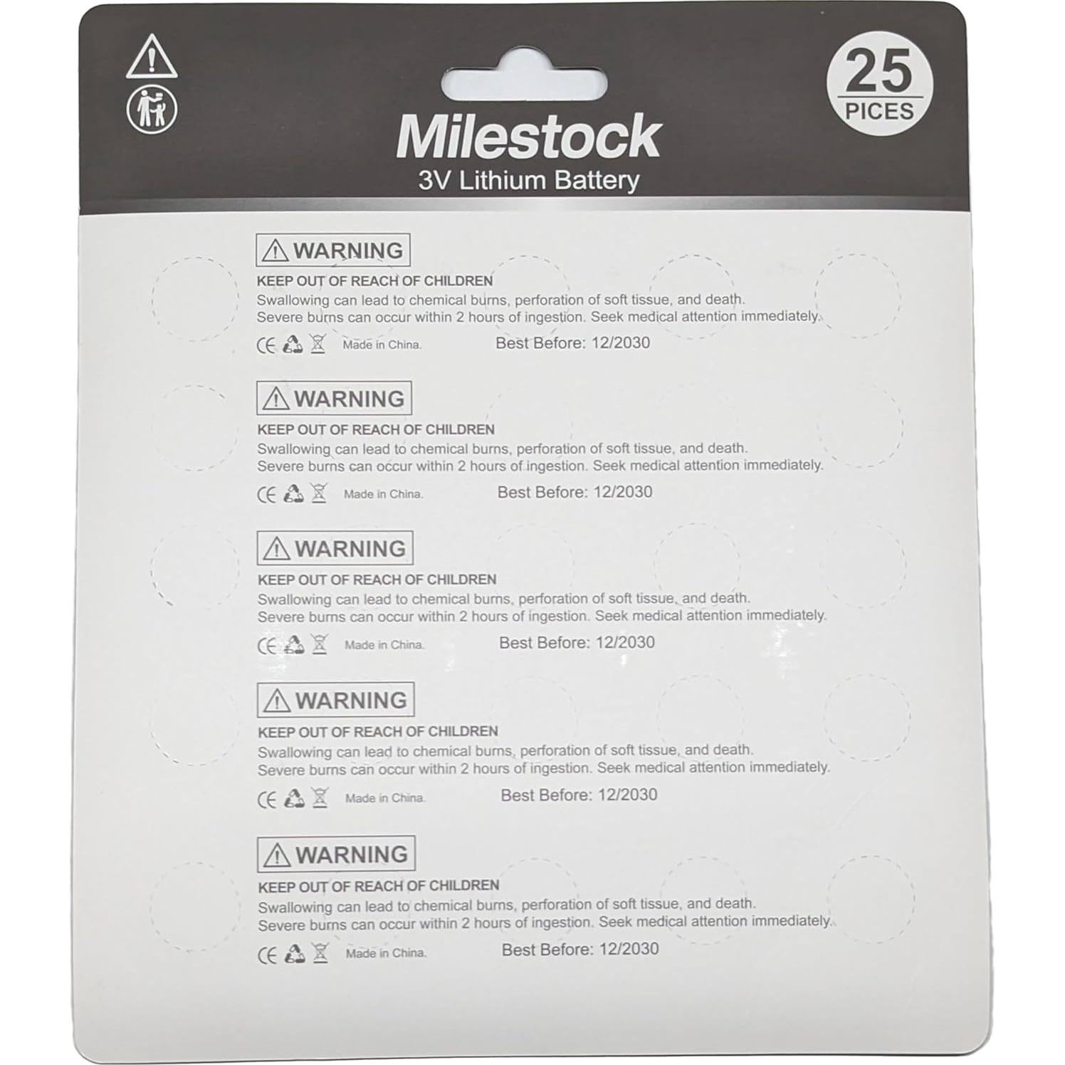 25 Pzs Baterías de Botón Litio 3V CR1620 CR1632 CR2025 CR2032 CR2450 Milestock