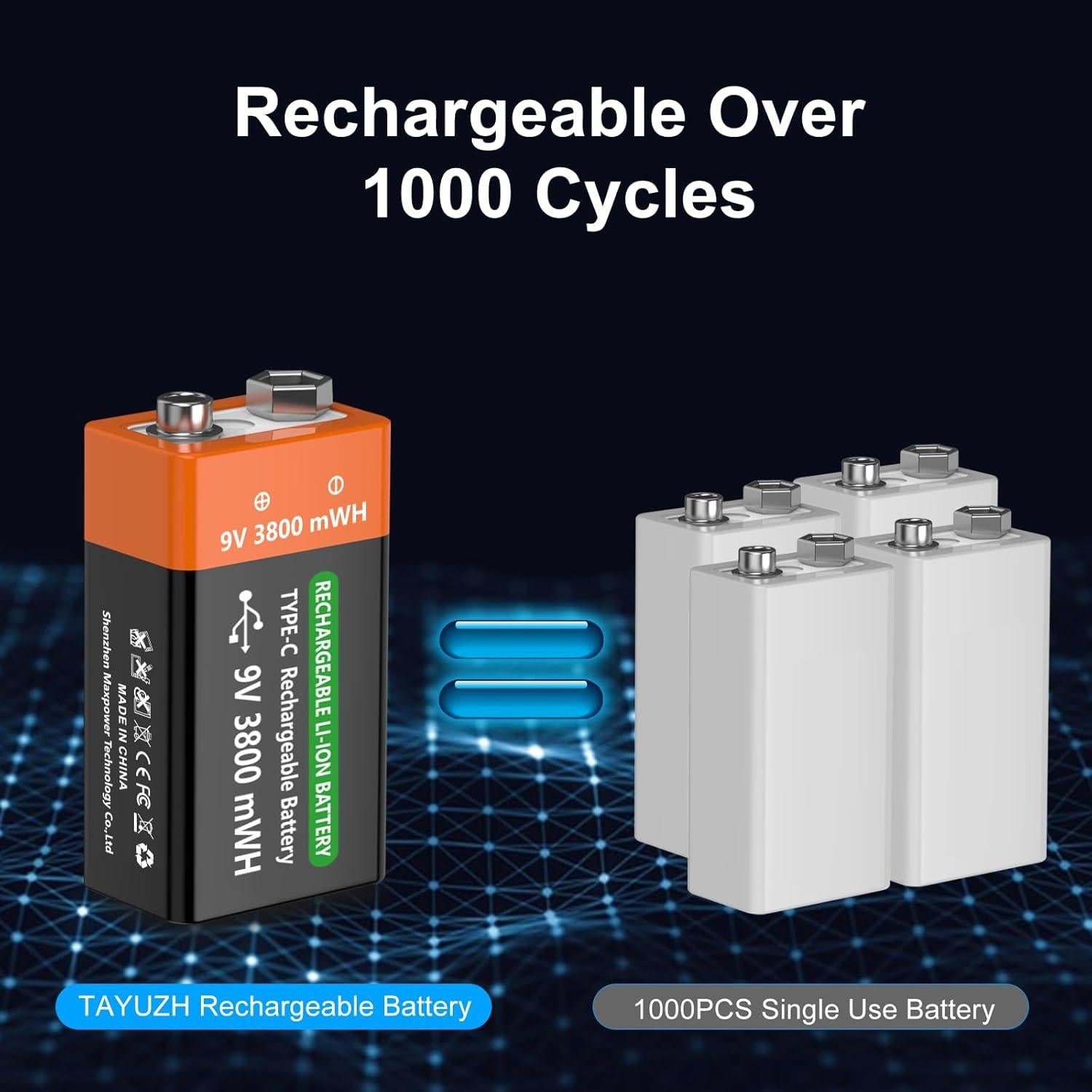 Paquete de 2 Baterías Recargables de Litio 9V 3800mWh TAYUZH