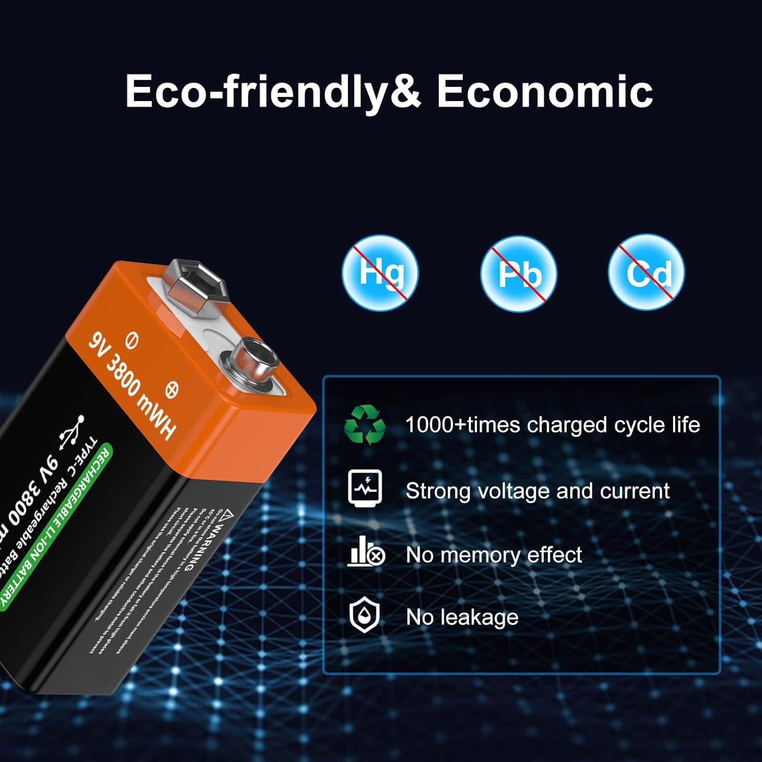 Paquete de 2 Baterías Recargables de Litio 9V 3800mWh TAYUZH