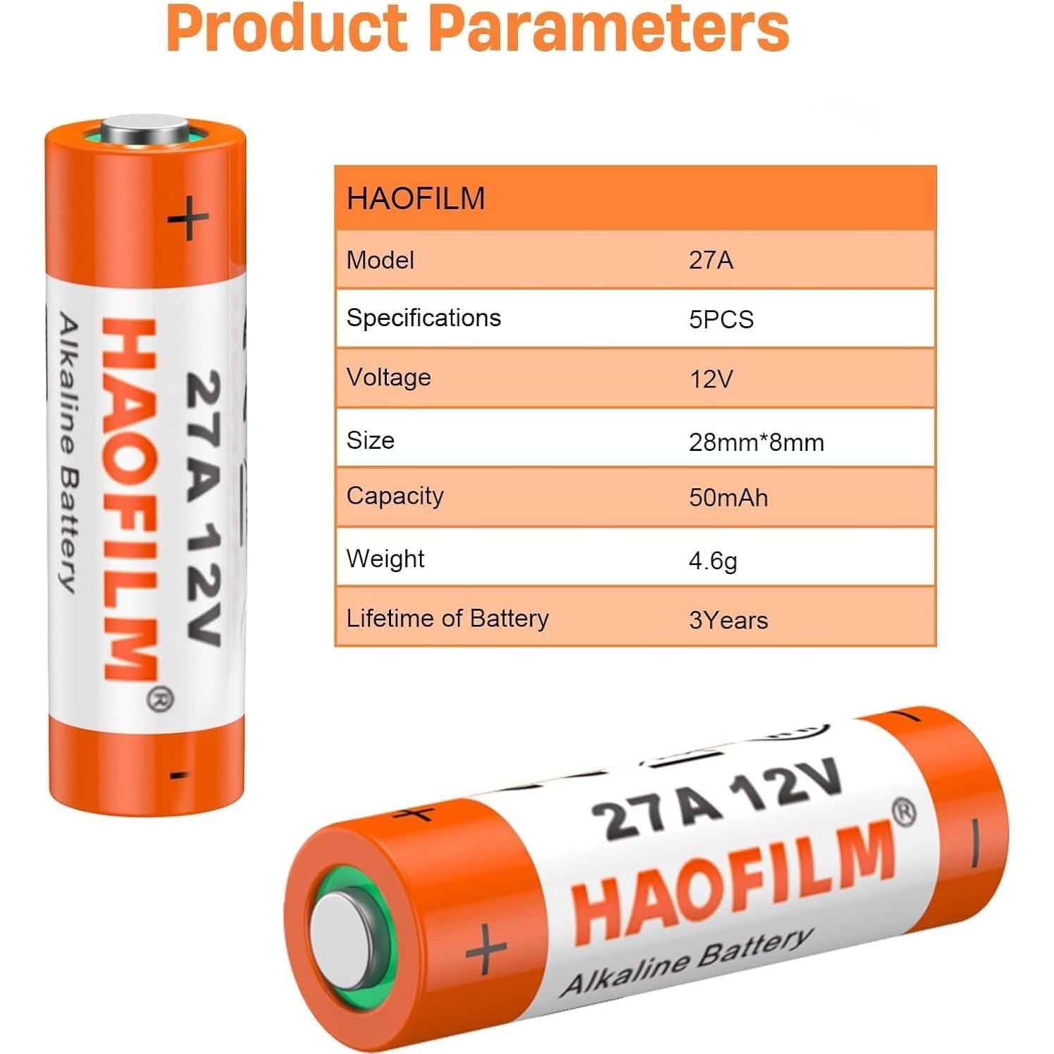 HAOFILM 27A 12V Alkaline Batteries (5 Pack) - Long Lasting Power, 3-Year Shelf Life | Bulk Value Pack for Car Remotes, Medical Devices, Garage Door Openers, Toys & More