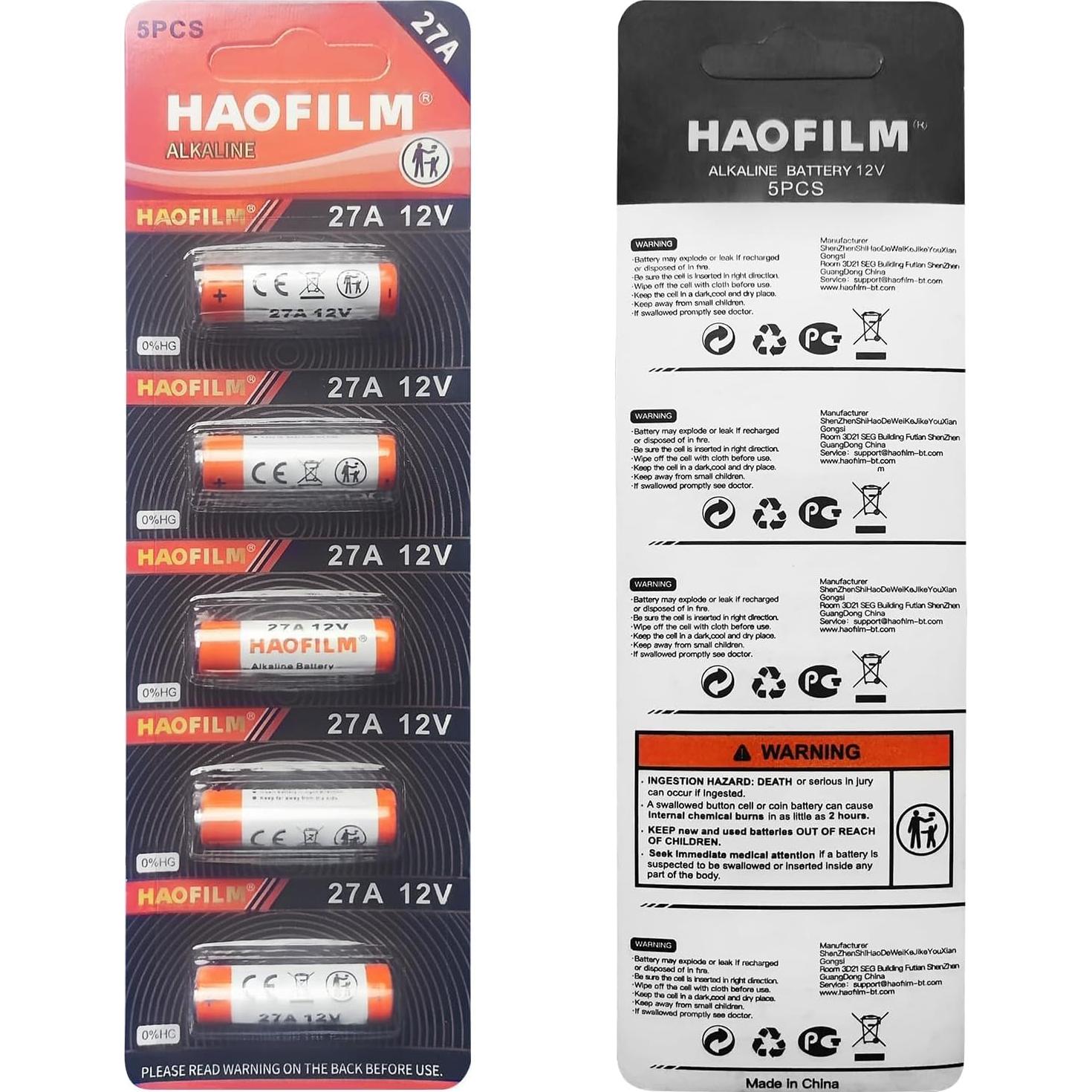 HAOFILM 27A 12V Alkaline Batteries (5 Pack) - Long Lasting Power, 3-Year Shelf Life | Bulk Value Pack for Car Remotes, Medical Devices, Garage Door Openers, Toys & More