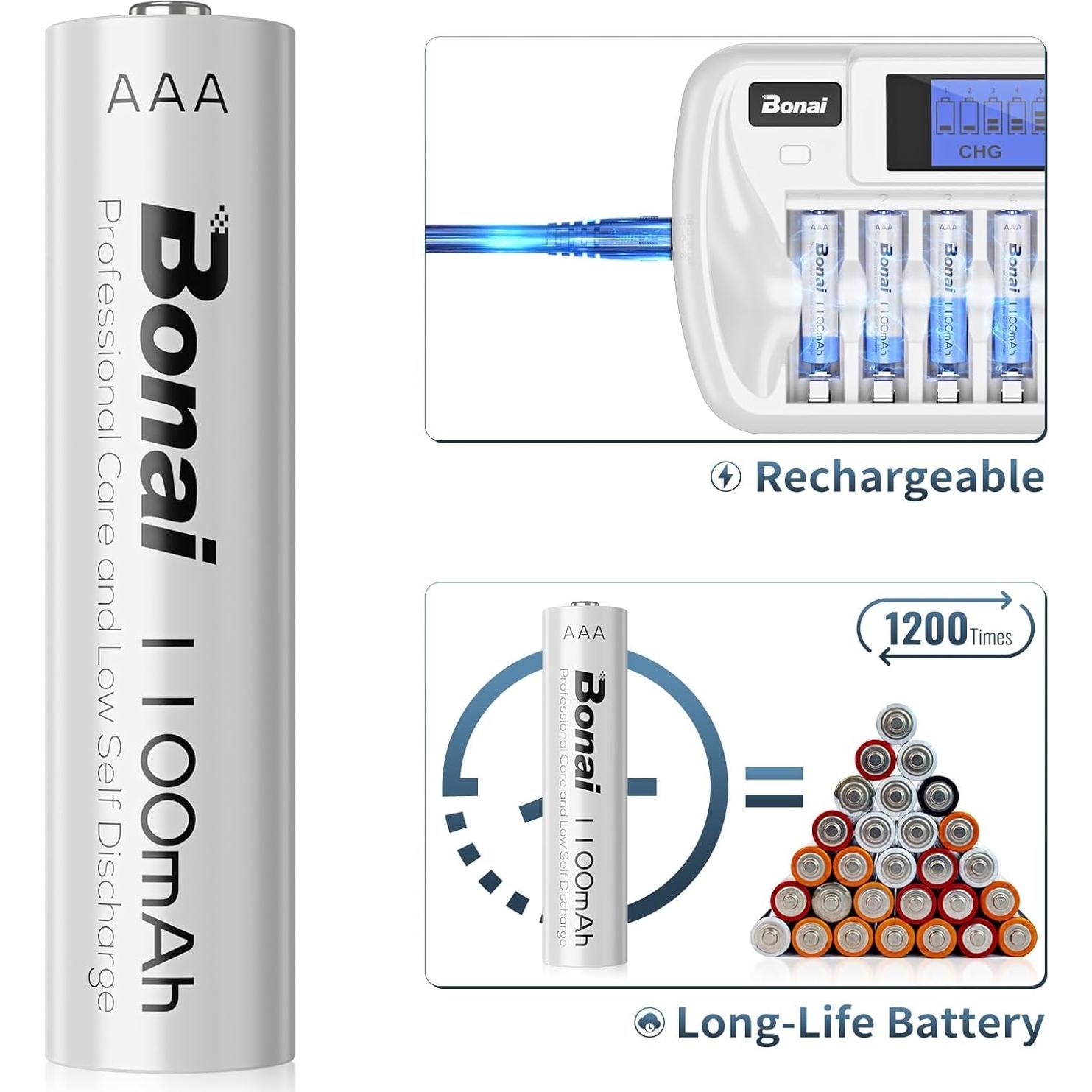Baterías recargables BONAI AAA 1100mAh con cargador LCD