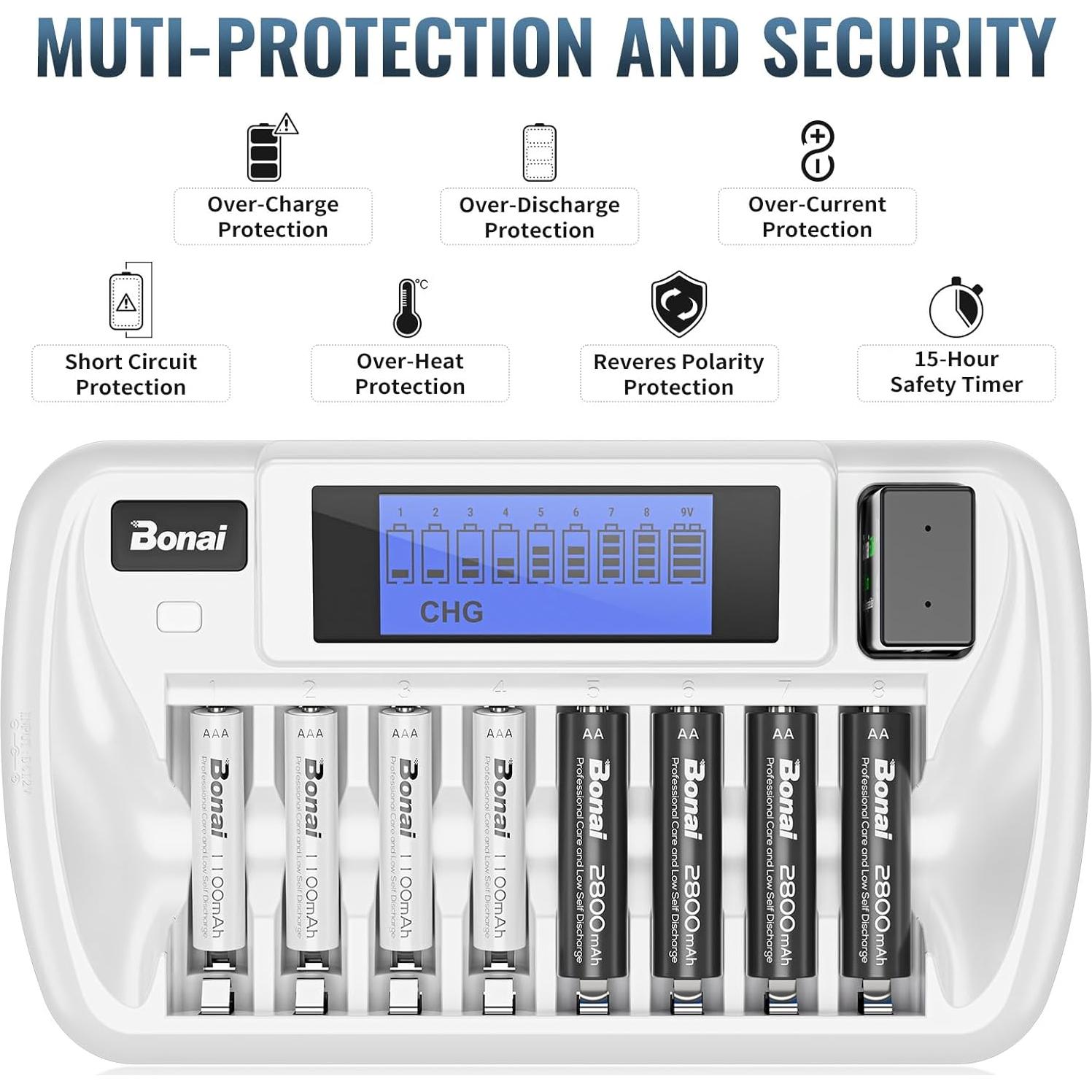 Baterías recargables BONAI AAA 1100mAh con cargador LCD