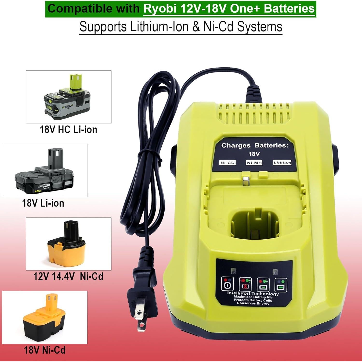 Cargador Rápido Compatible Ryobi P117 18V Litio NiCd NiMH