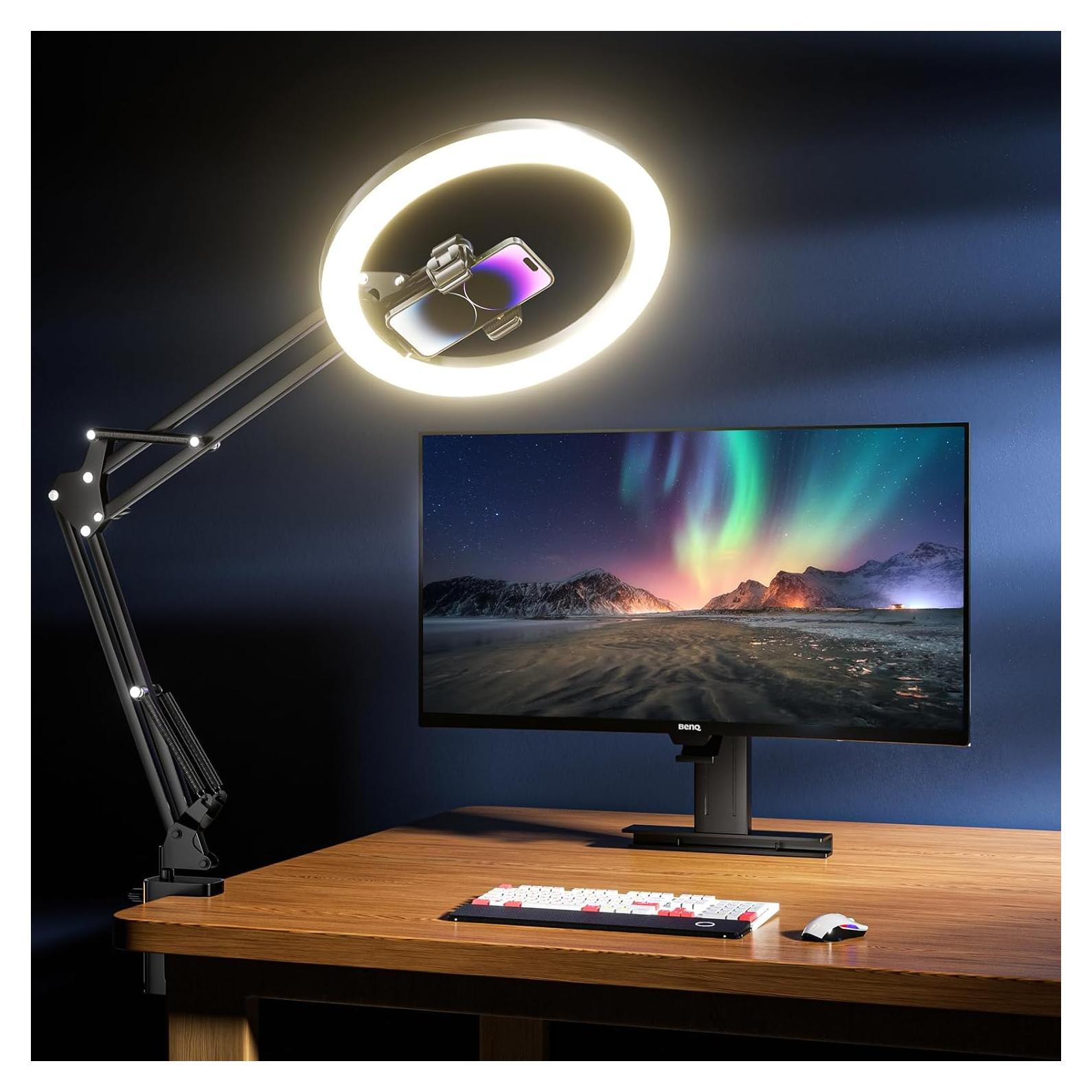 UBeesize 12’’ Ring Light with Overhead Phone Mount, LED Selfie Light with Stand and Phone Holder for iPhone and Laptop, Desk Light for Video Recording, Zoom Meeting, Live Streaming, Tiktok, YouTube