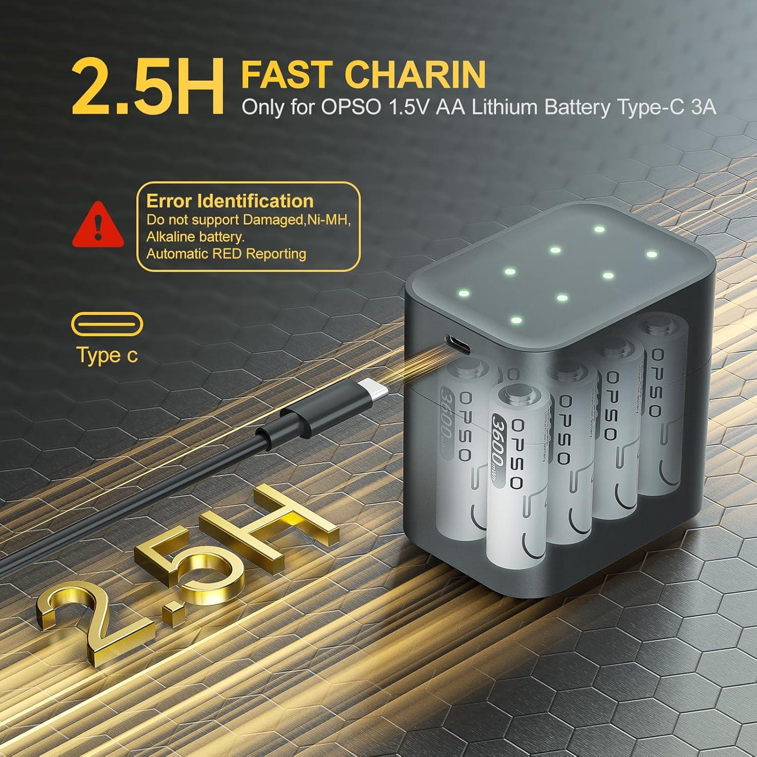 Baterías recargables AA litio OPSO 3600mWh con cargador USB-C