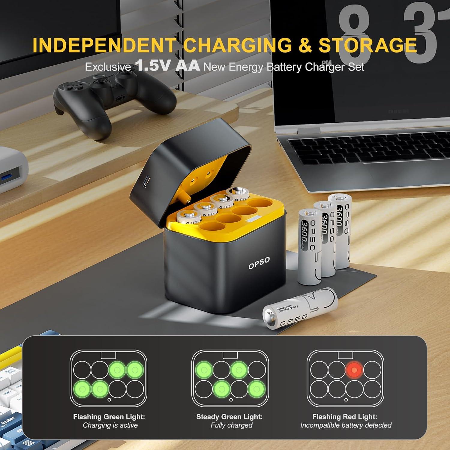 Baterías recargables AA litio OPSO 3600mWh con cargador USB-C