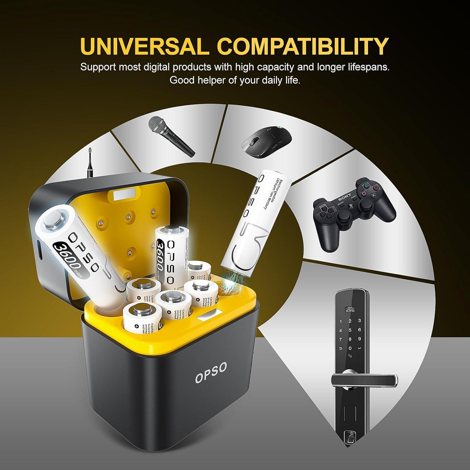 Baterías recargables AA litio OPSO 3600mWh con cargador USB-C