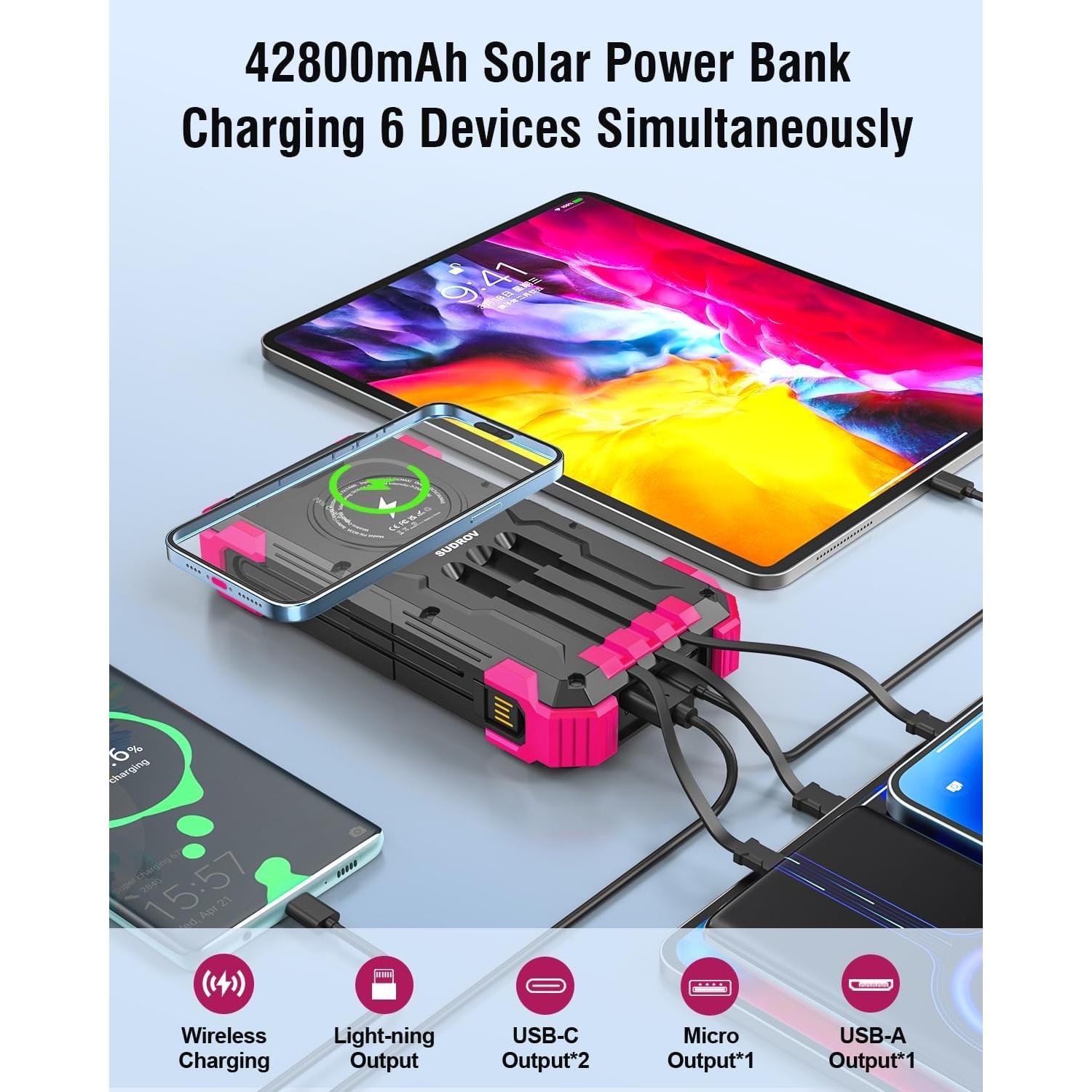 Banco de Energía Solar 42800mAh Sudrov Cargador Inalámbrico