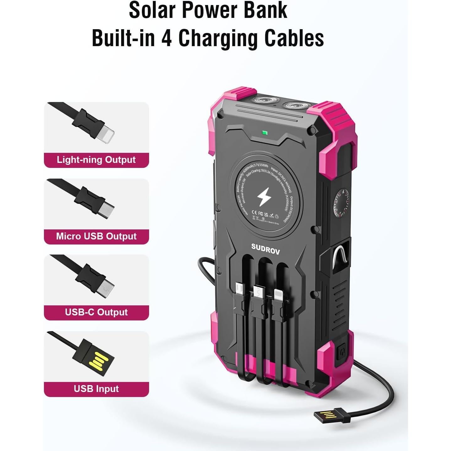 Banco de Energía Solar 42800mAh Sudrov Cargador Inalámbrico