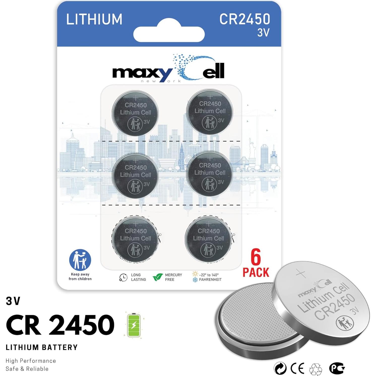 Batería de Litio CR2450 MaxyCell 3V - 6 Paquete