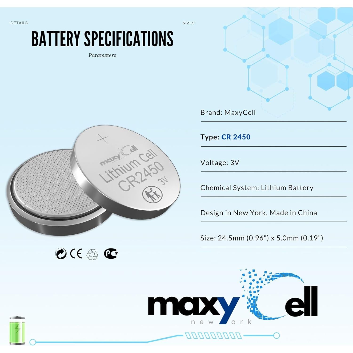 Batería de Litio CR2450 MaxyCell 3V - 6 Paquete