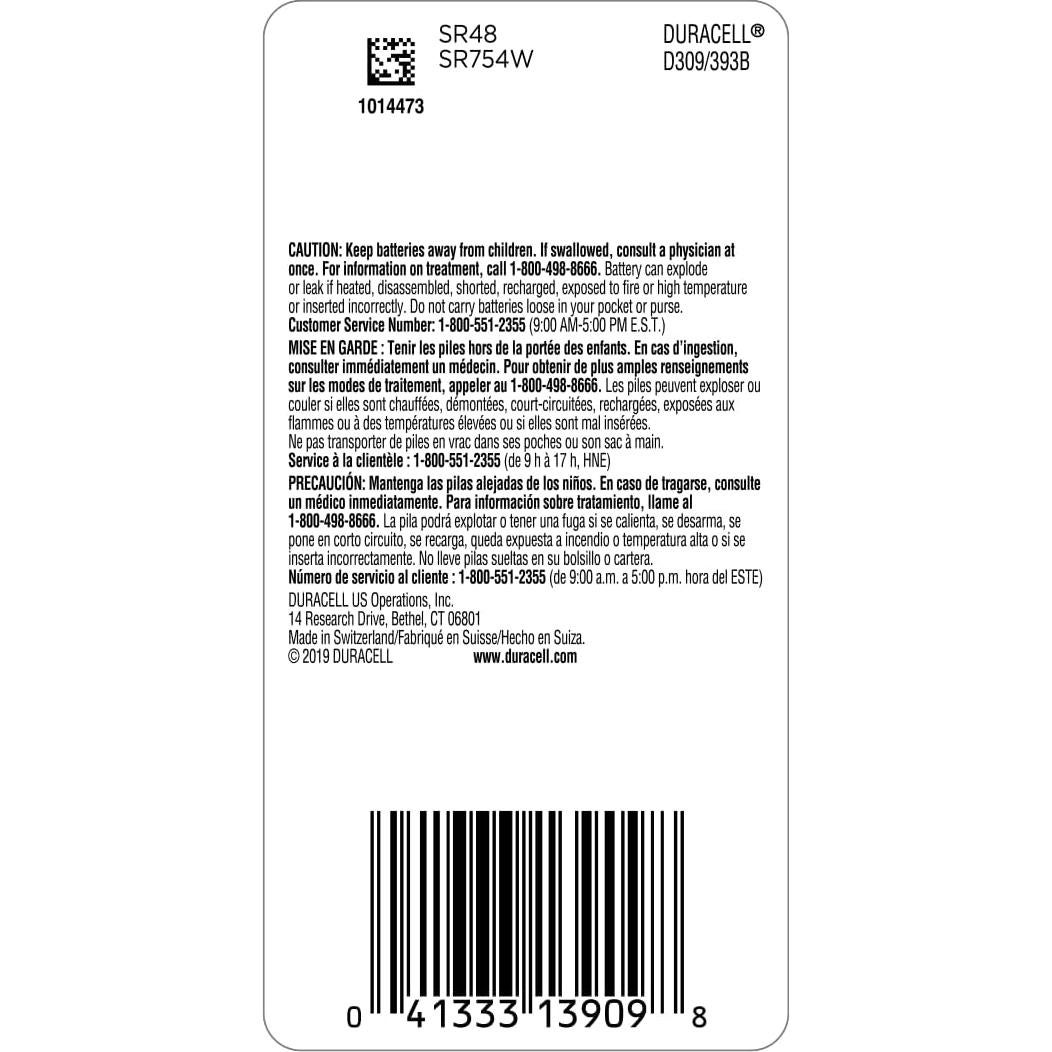 Batería de botón Duracell 309/393 óxido de plata 1.5V