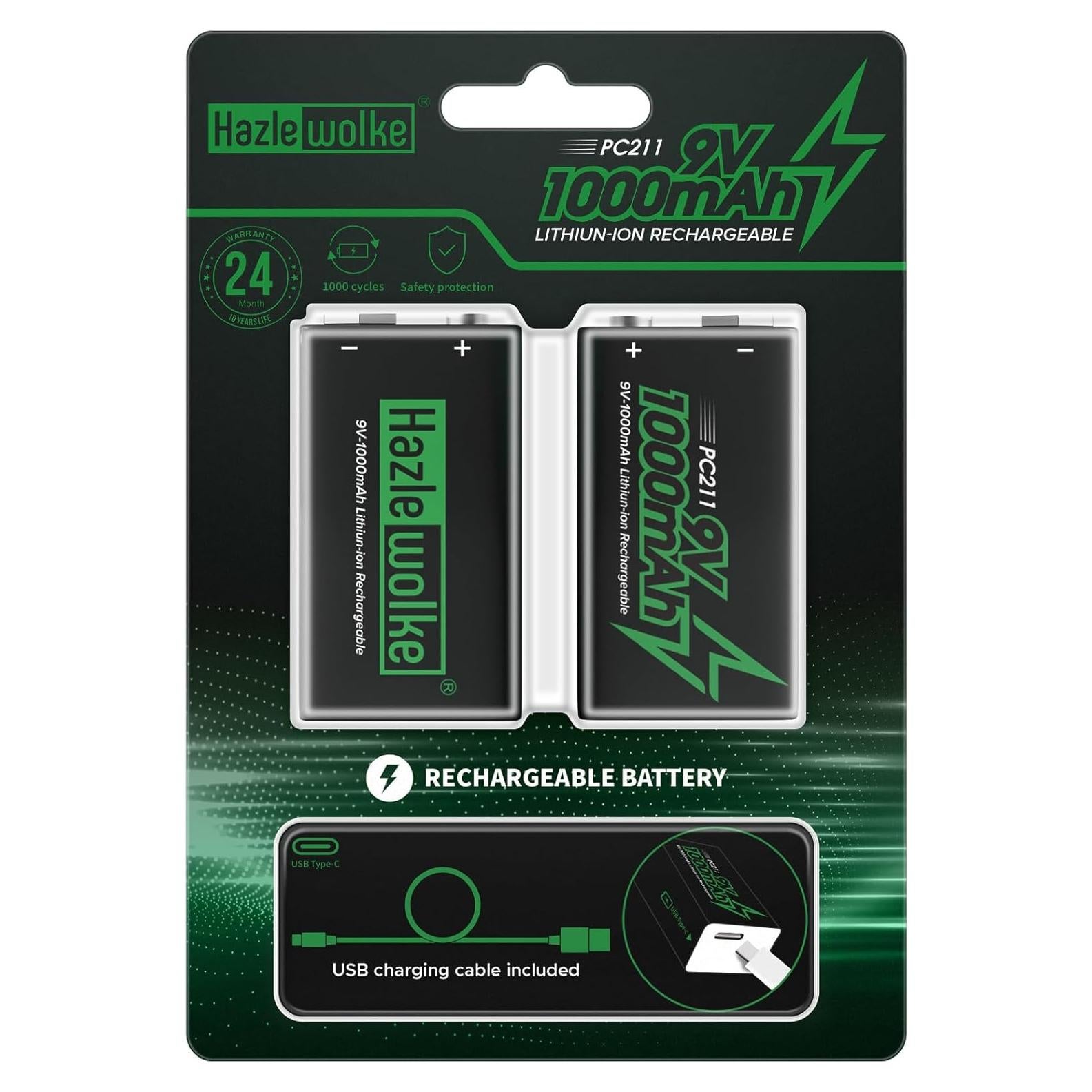 Batería Recargable 9V Hazlewolke 1000mAh USB-C 2 Piezas