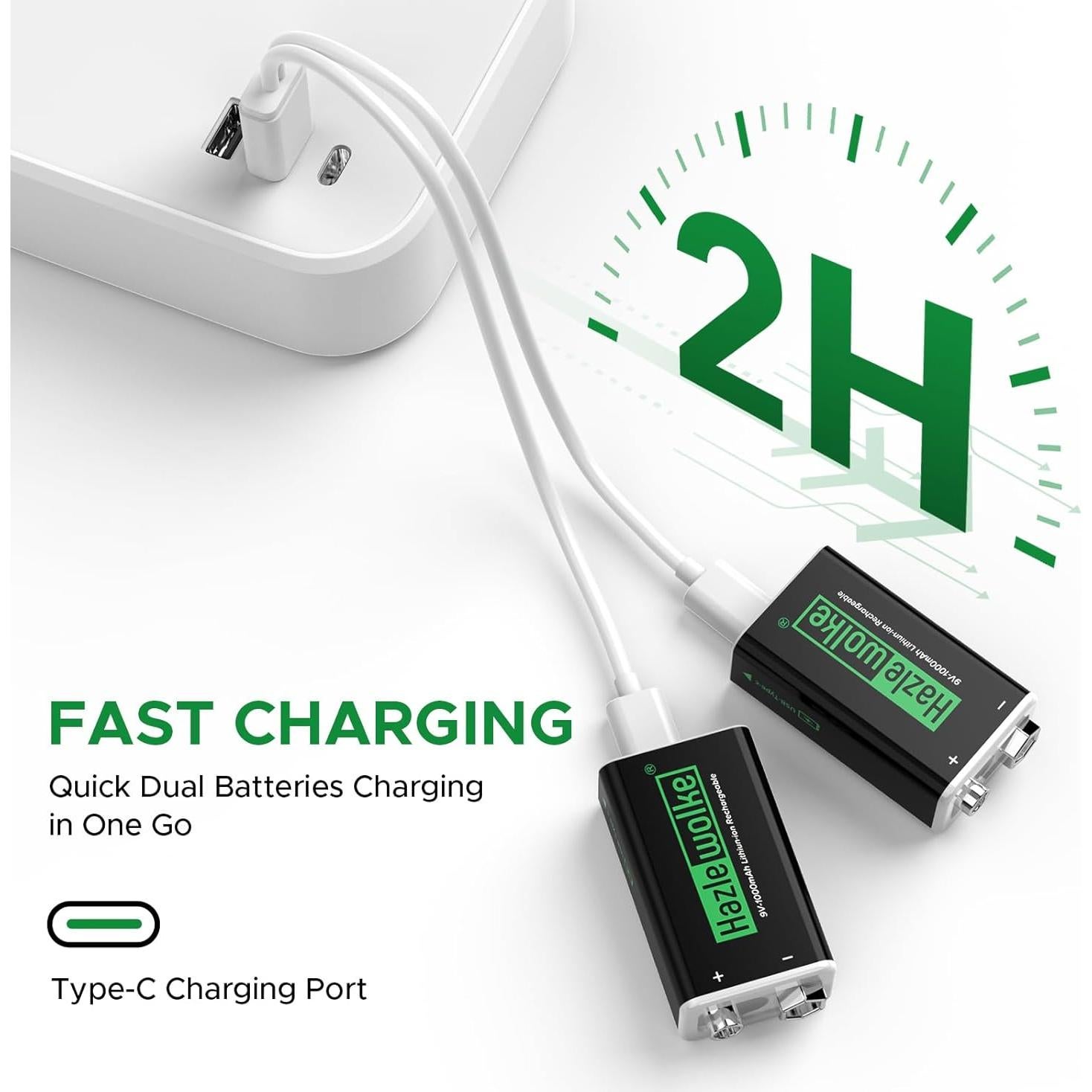 Batería Recargable 9V Hazlewolke 1000mAh USB-C 2 Piezas